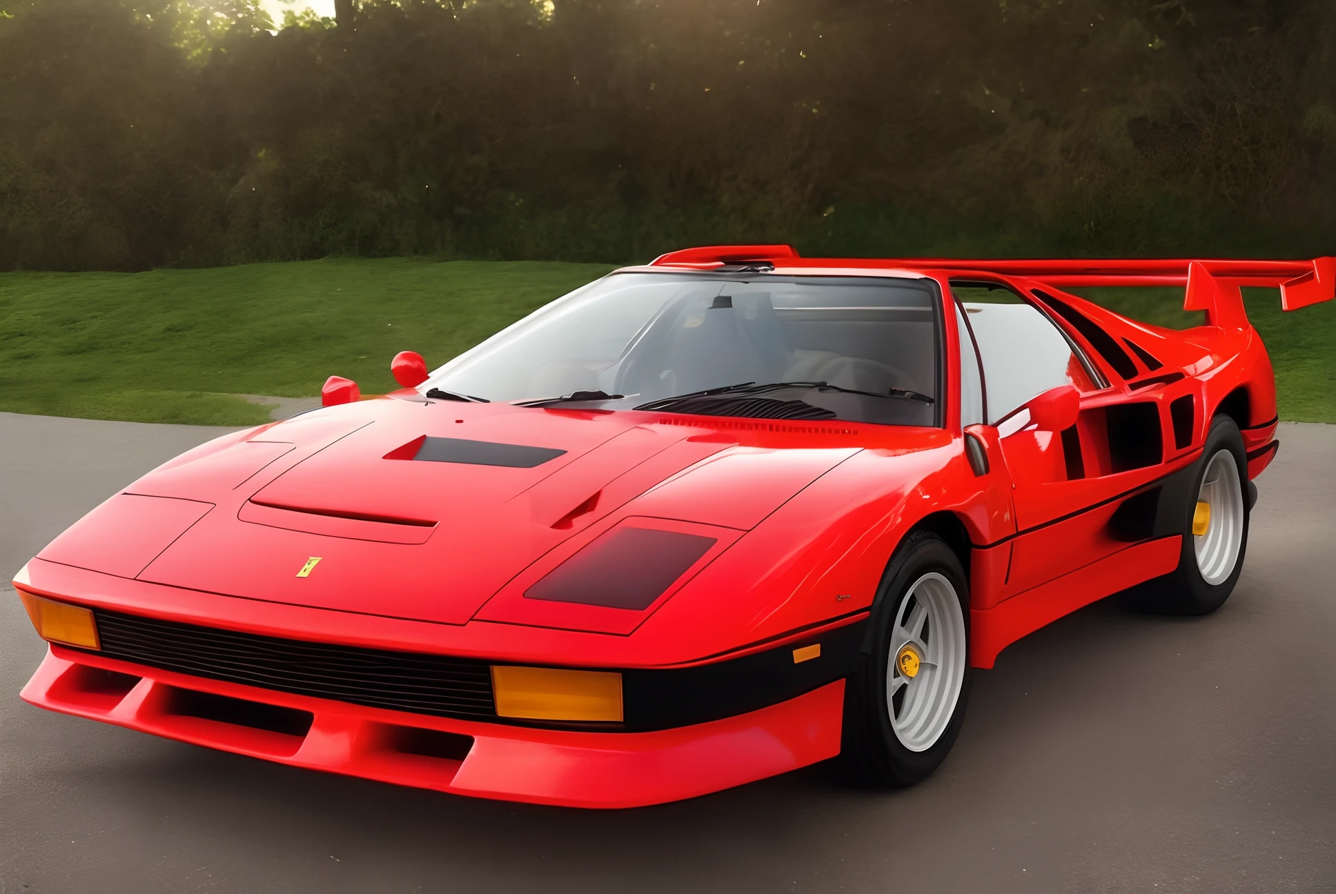 um close up de um carro esportivo vermelho estacionado em um estacionamento, Carro esportivo vermelho dos anos 80, 240p, com elementos do F40, 1980 carros, De Tomaso | |, f 2 2, F22, Obra-prima W 1024, looking regal and classic, classic cars, Ferrari F 4 0, Ferrari