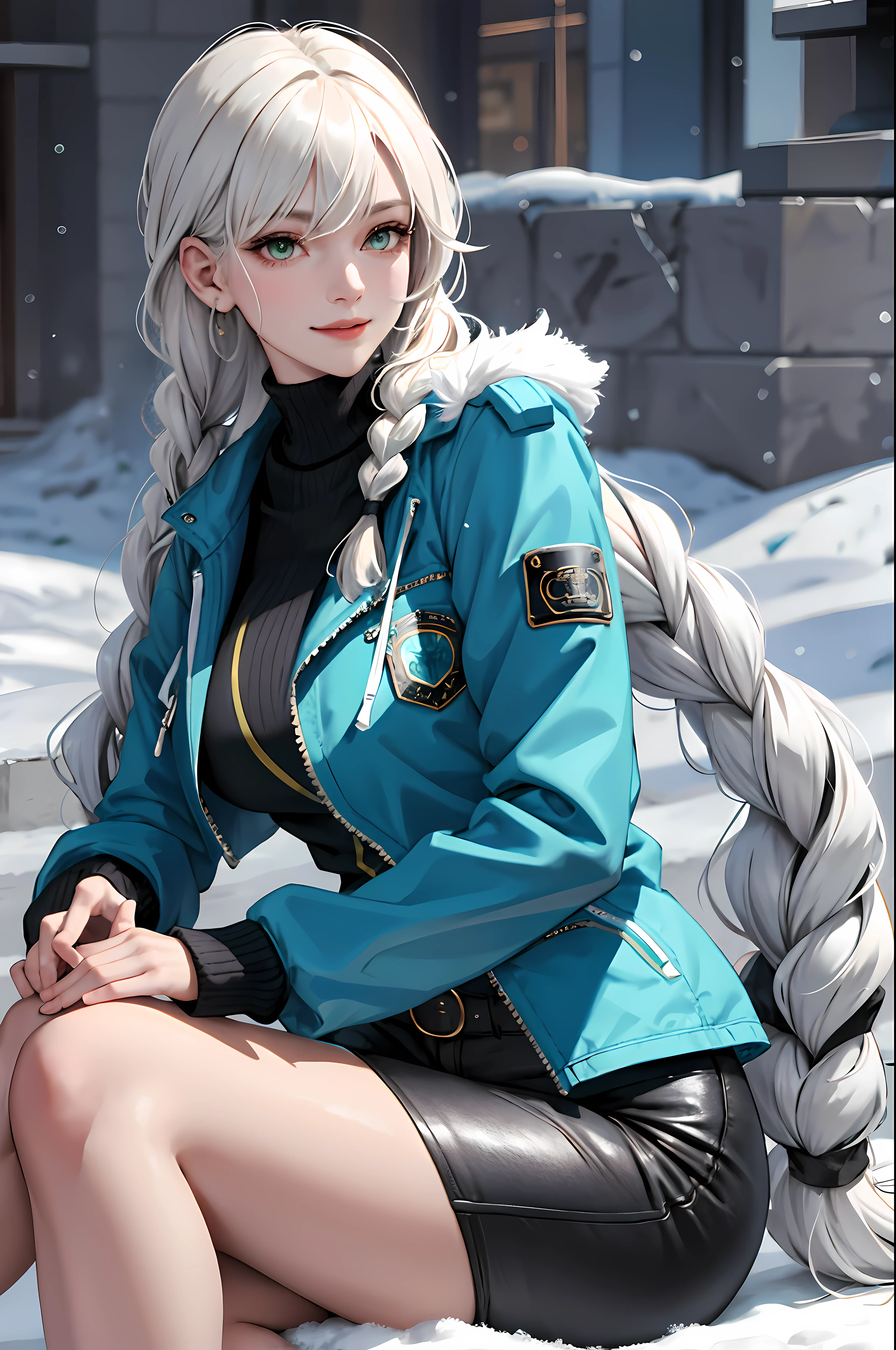 (masterpiece:1.2, best quality), (real picture, intricate details), 1lady, solo, upper body, sitting down, sitting on ground, casual, long hair, minimal makeup, natural fabrics, close-up face, smiling, happy expression, snow, snowing, cold settings, really long light platinum blonde hair, hair in braids, braided long hair, bangs, voluminous hair, green eyes, emerald green eyes, big breasts, big ass, big tits, blue jacket, jacker with fur , white fur, blue jacket with fur, blue jacket white fur, bangs on forehead, Korean bangs, cute bangs, mature face, 1adult, 1 female, 1 woman, thighs, black tight pants, black pants, tight pants, (big tits), (big breasts).
