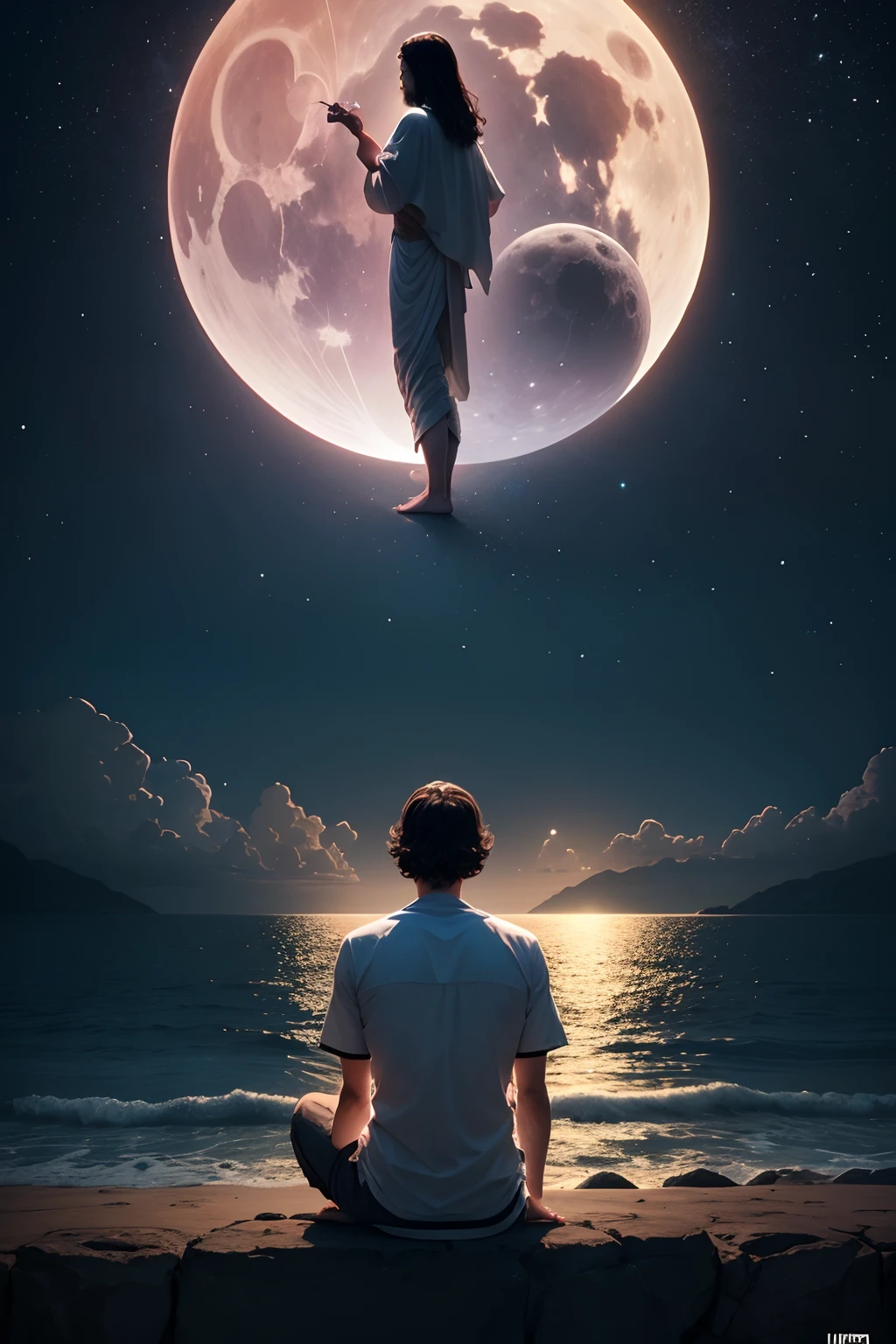 um contemplando, a lua cheia, observando a lua, contemplando a lua, Young God Deus Arte Conceitual, imagens religiosas, O Senhor e Salvador, Deus olhando para mim, O Deus Imperador da Humanidade, Jesus Gigachad