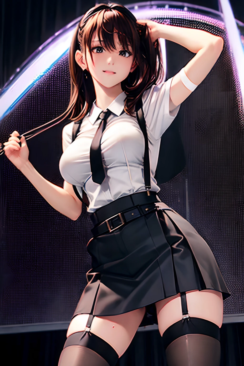 Black skirt, suspenders, Brown hair Gray eyes, Garter belt on the legs, Tight black clothes, a belt Armpit sweat Dark look Moderately breasts holster chain poneyTail Water wetting