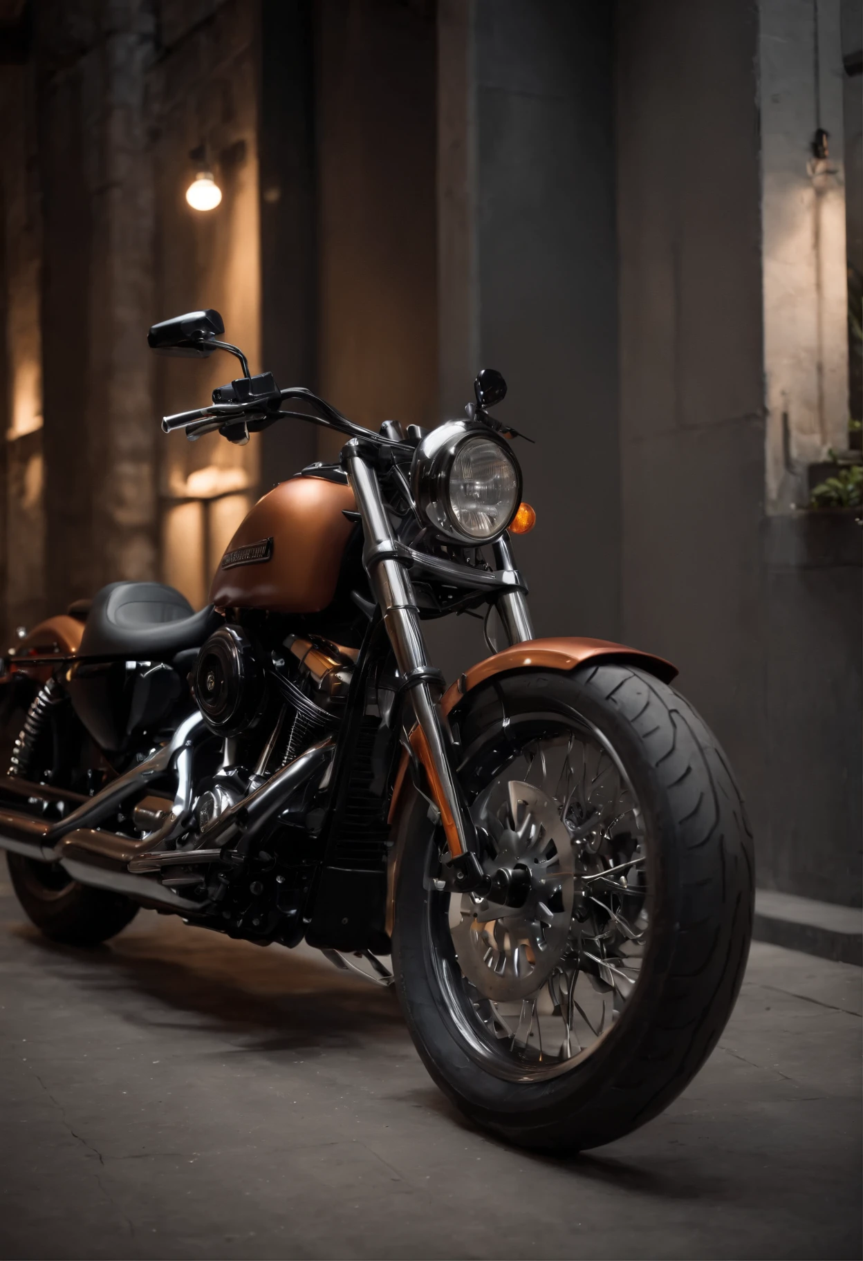 Detailed raw HD photo medium-distance photo (Harley Davidson) , showroom, parked in a parcade (darkly lit, dimly lit, discreet) grunge , menacing urban environment, metal tubes, concreating, decay, micro-details, hyperdetailed, raytracing, realism, crystal clear, photorealism, photorealistic,
(nocturnal, pitch, moody and dark:1.3) (bright headlights: 1.2)