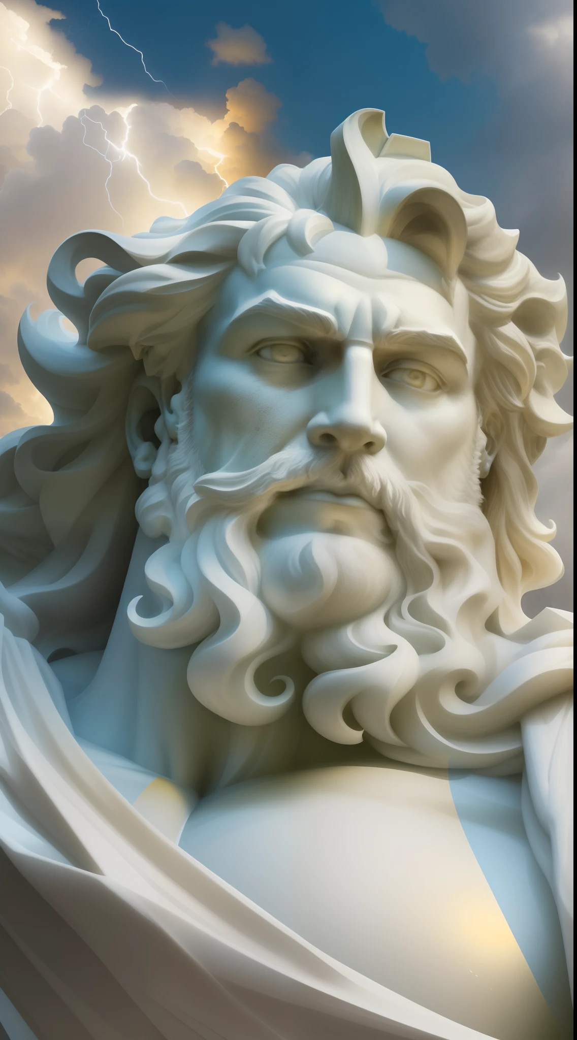 (extremamente detalhado CG unidade 8k papel de parede, best quality, master part, um extremamente delicado e bonito), Jardim grego, white marble statue, hercules, golden lightning, thunderous sky, raios solares,Vinhas verdes, flores vermelhas e azuis, blue sky background, grandioso, majestoso.