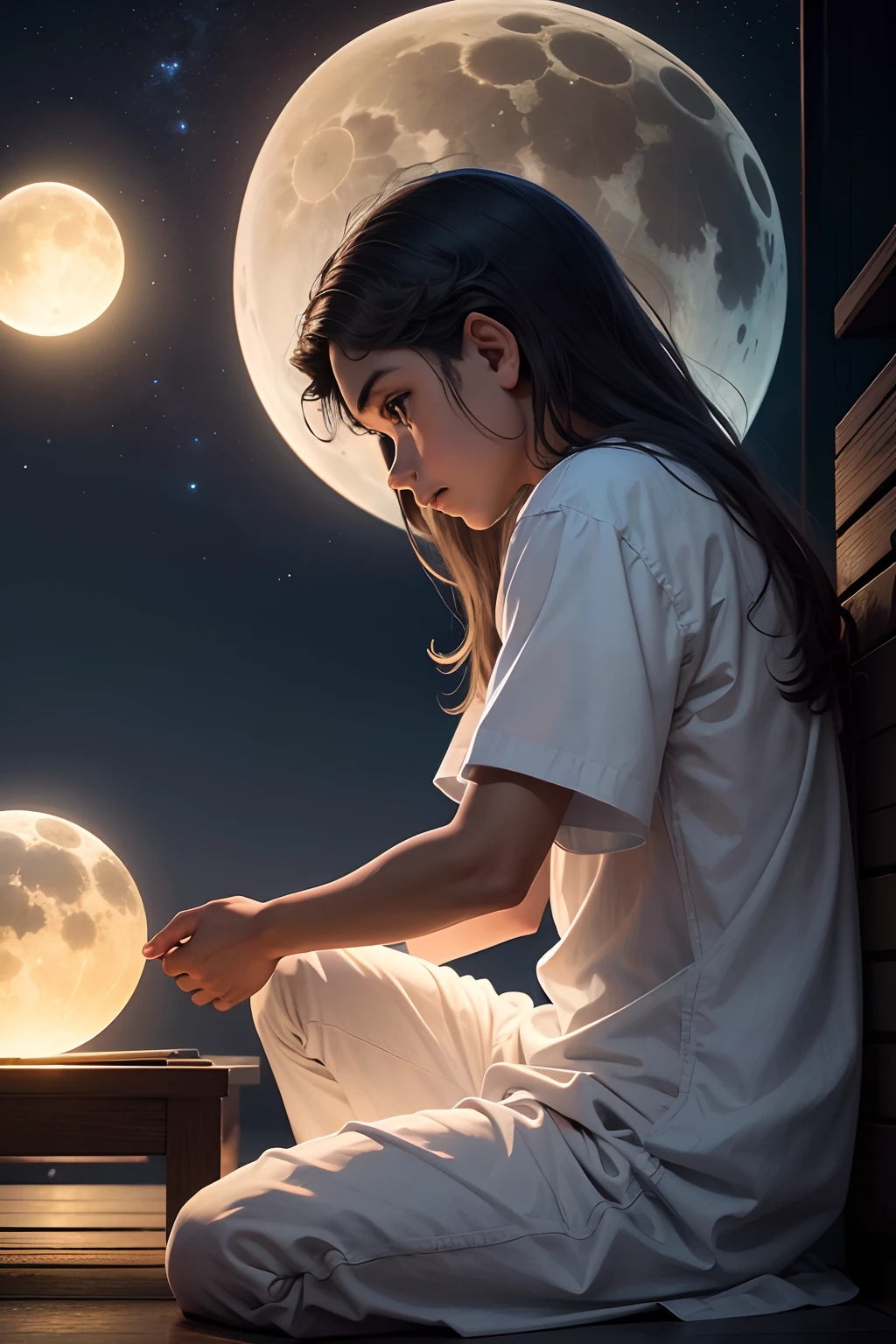 um menino  contemplando, a lua cheia,  observando a lua, contemplando a lua, Young God Deus Arte Conceitual, imagens religiosas, O Senhor e Salvador, Deus olhando para mim, O Deus Imperador da Humanidade, Jesus Gigachad