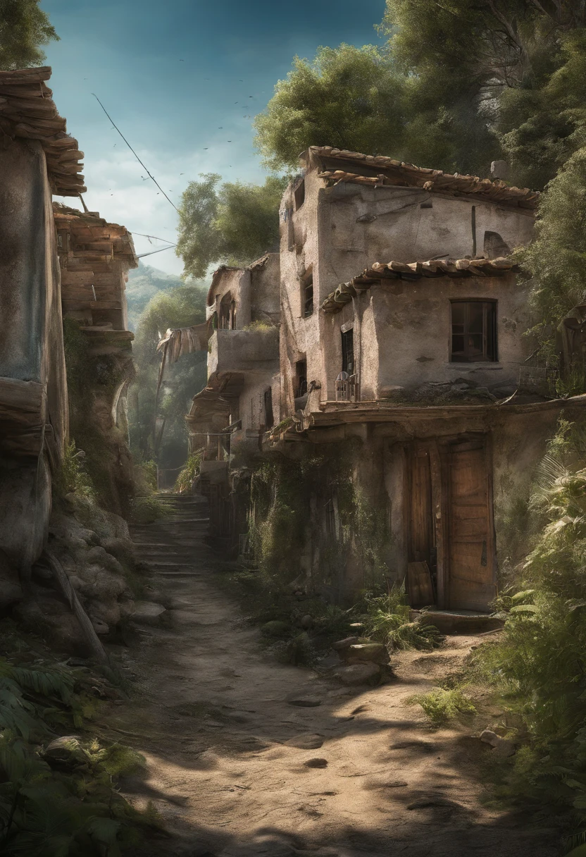 un pueblo sereno ubicado en medio de la oscuridad, Bosques que se avecinan, evoking a mysterious atmosphere.