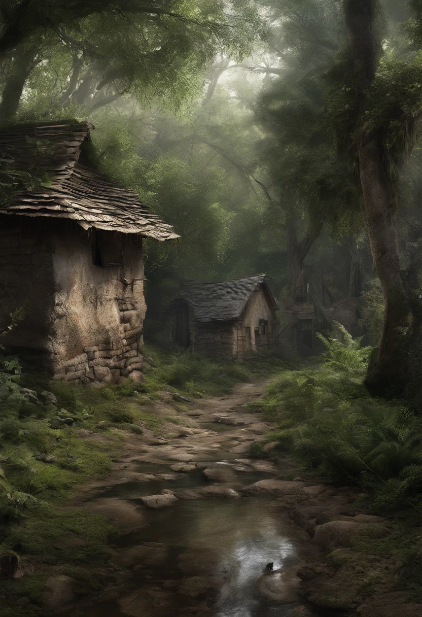 un pueblo sereno ubicado en medio de la oscuridad, Bosques que se avecinan, evoking a mysterious atmosphere.