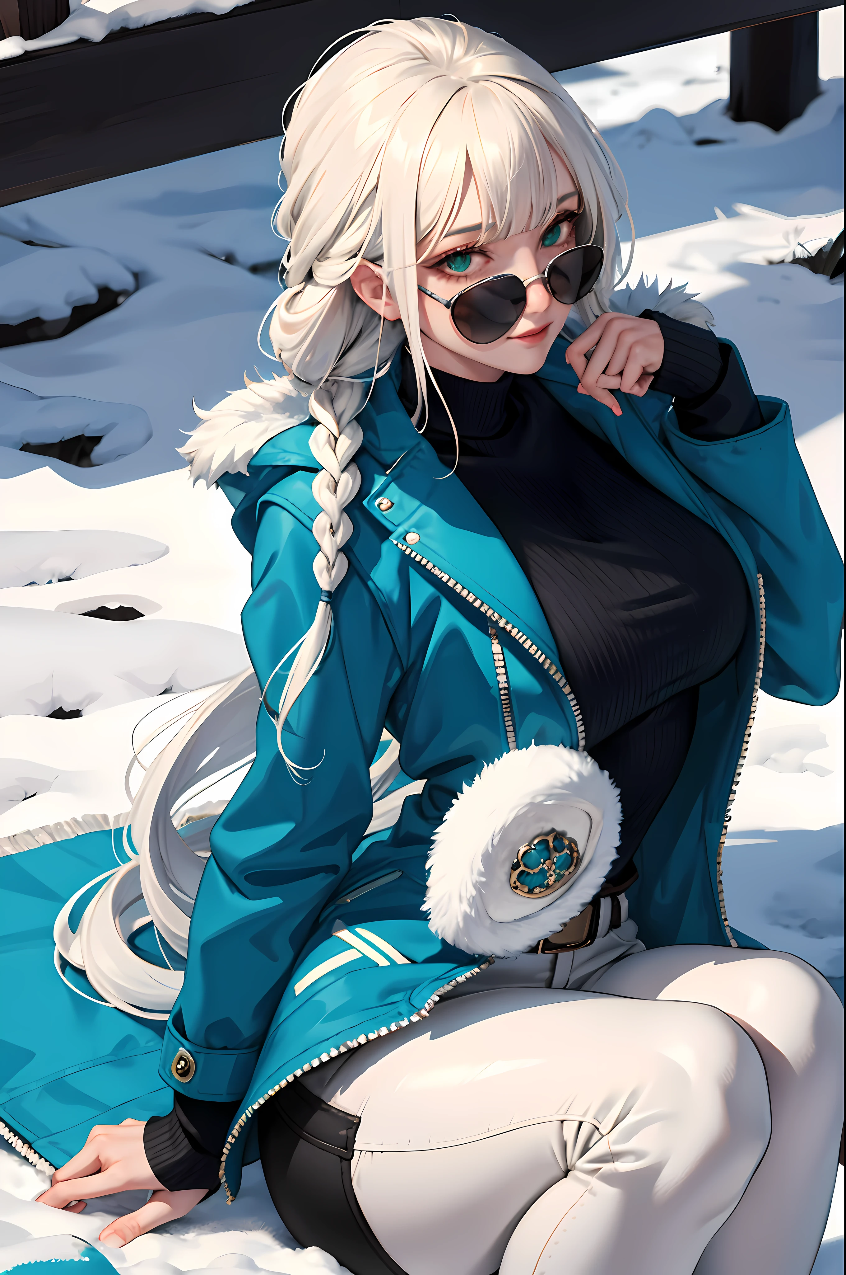 (masterpiece:1.2, best quality), (real picture, intricate details), 1lady, solo, upper body, sitting down, sitting on ground, casual, long hair, minimal makeup, natural fabrics, close-up face, smiling, happy expression, snow, snowing, cold settings, really long light platinum blonde hair, hair in braids, braided long hair, bangs, voluminous hair, green eyes, emerald green eyes, big breasts, big ass, big tits, blue jacket, jacker with fur , white fur, blue jacket with fur, blue jacket white fur, bangs on forehead, Korean bangs, cute bangs, mature face, 1adult, 1 female, 1 woman, thighs, black tight pants, black pants, tight pants, (big tits), (big breasts).