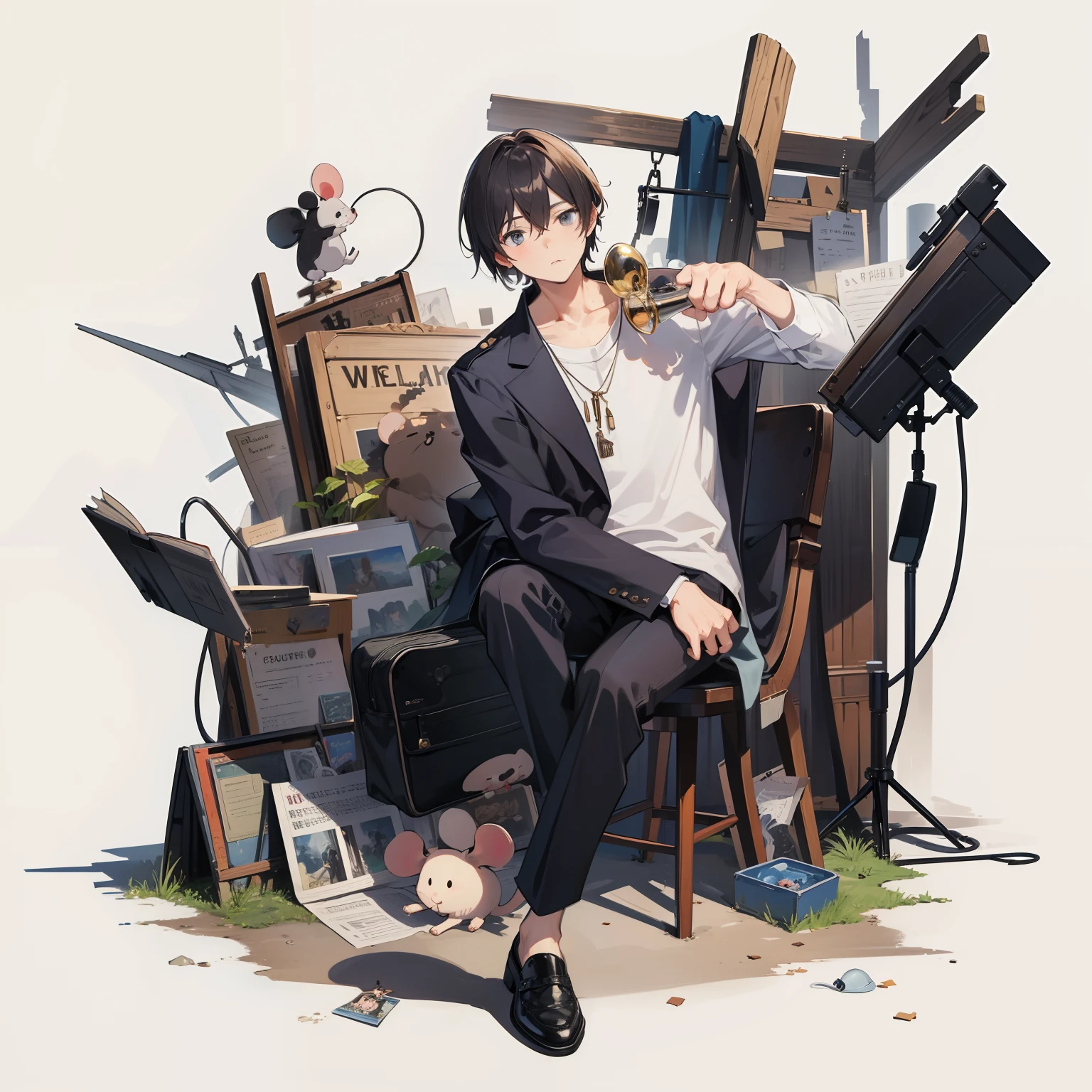 (mouthpiece, of the highest quality, Illustration, Very high quality, Very fine writing), Old-fashioned detective, Tattered clothes, Mouse on the shoulder, Mouse on the shoulder, Truth seeker, Full body, Lively, No background, One Person, Man's