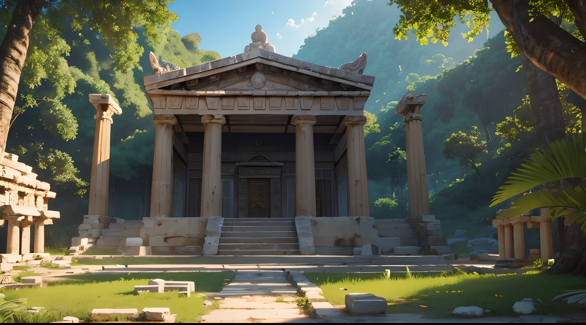 masterpiece, Highly detailed, super realistic, detailed background, bright Lighting, Daylight, 4k, 8k.
(A Greek-style temple in the jungle),