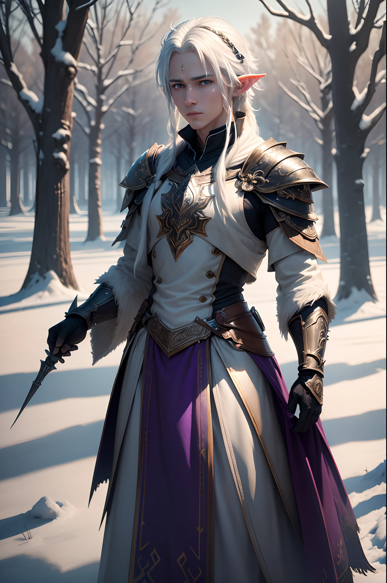 a male white-haired elf wearing purple and black armor facing the viewer on left hand side of screen, he is standing in front of frozen lake, on the right hand side of the frame there is a withering tree with frosted leaves, snow lies on the ground, tranquil, serene, rpg, hi res, 4k, 8k, 16k, ultrahd, realisitic, photon mapping, radiosity, cinematic lighting, sharp focus, best quality, volumetric lighting, volumetric light, concept art, path tracing. warm colors, (RAW photo., best quality), (realistic, Realistic), NVIDIA RTX Ray Tracing, octan render, high-resolution, beautiful, Awesome, finely and highly detailed, masterpiece, ultra-detailed, High, (best illustration), (best shadow), intricate, sharp focus, perfect composition, fantasy, intricate, elegant, volumetric mist, 8k UHD, DSLR, high quality, (grain of film: 1.4), Fujifilm XT3, art-station, smooth and sharp focus, detailed