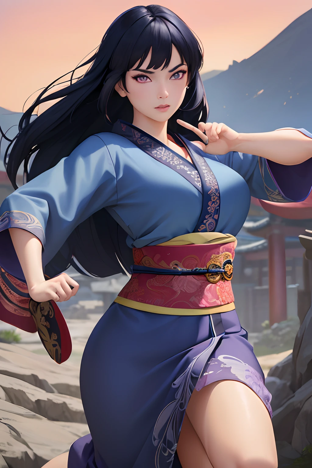 (masterpiece:1.2), (best quality), (ultra detailed), (8k, 4k, intricate),(full-body-shot:1), (highly detailed:1.2),(detailed face:1.2), (detailed background),detailed landscape, (dynamic pose:1.2),mulan, 1girl, solo, long hair, looking at viewer, dark blue hair, upper body, japanese clothes, kimono, purple eyes, sash, obi, Blunt bangs