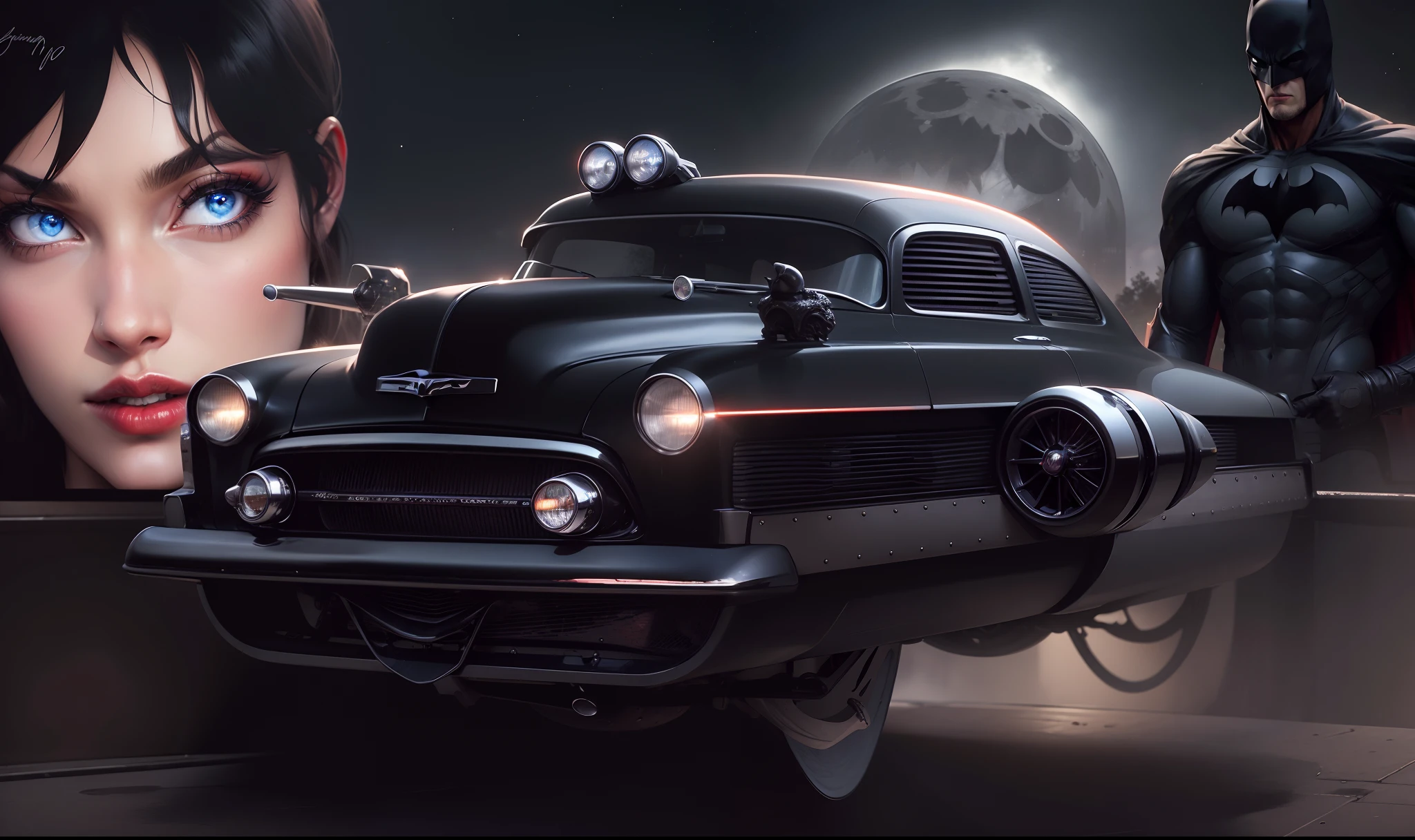 Um carro hover preto brilhante Chevy 50 powerful no primeiro plano, behind there is a beautiful woman with blue eyes and red lips and on the other side the male Batman and in the background a full moon with the sky with starry night