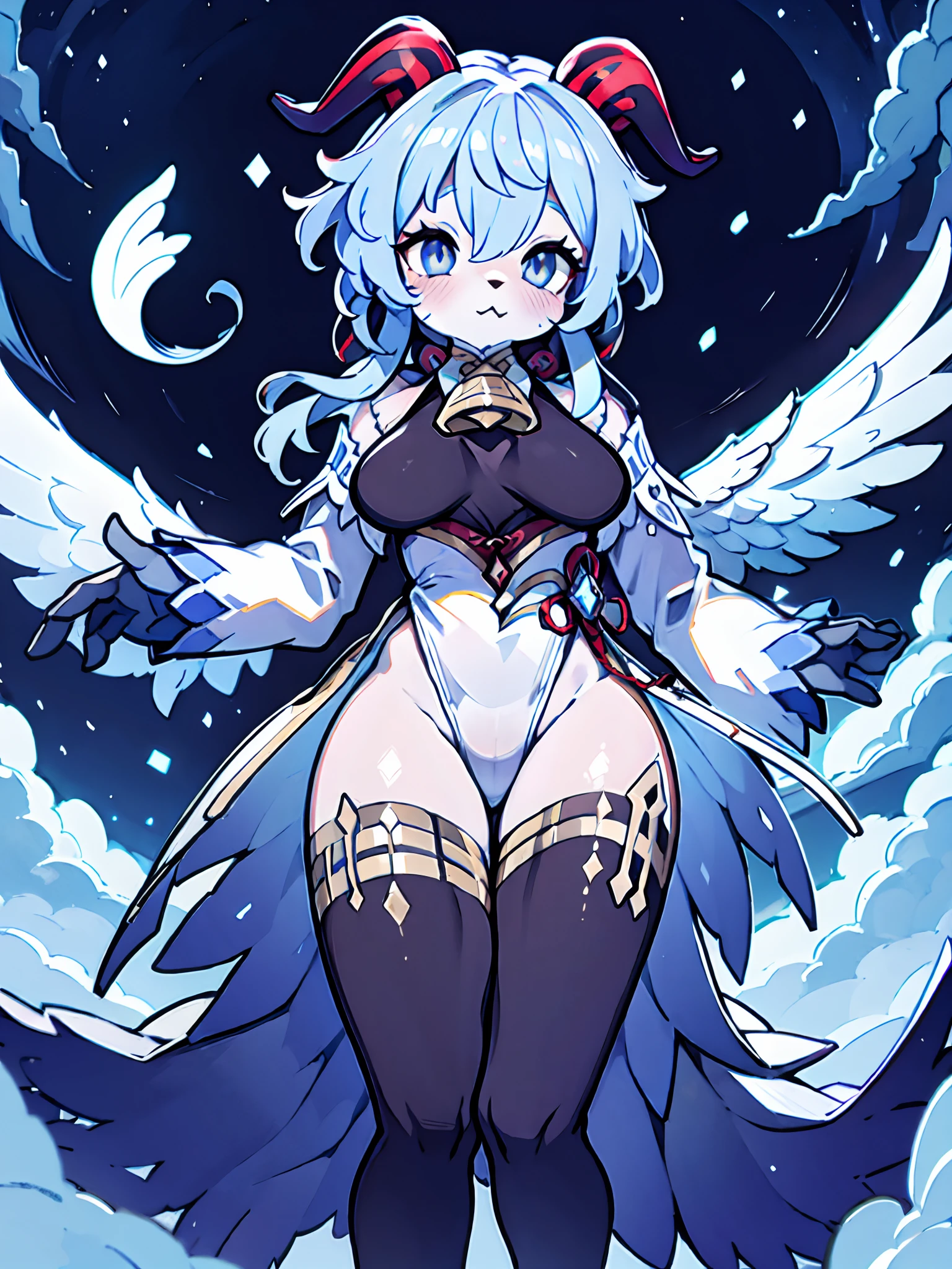 furry, (ganyu \(genshin impact\)), twin horns, Blue hair, ridiculous resolution, high resolution, (masterpiece:1.4), super detailed, seen from above, sky, floating, angel flying with spread wings, shining vestments, exposed thighs --v 6