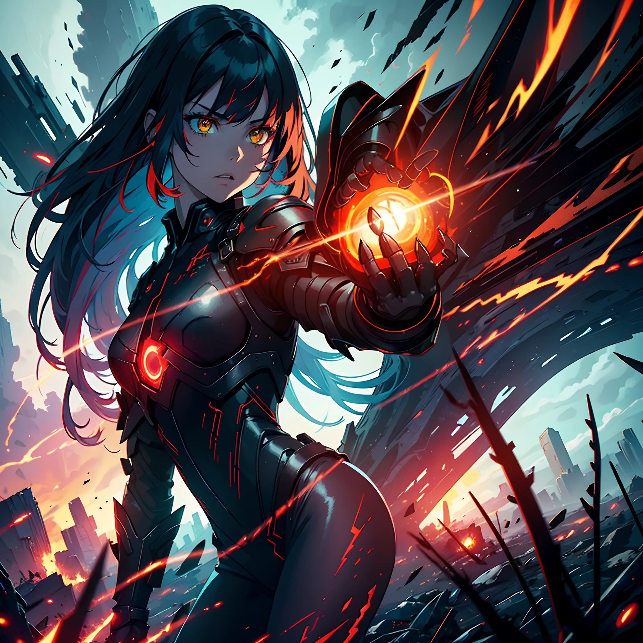 1 girl, solo, ray tracing, apocalyptic landscape, really zoomed out, red and green lightnings, exuding a demonic aura, very long blue hair, red fringes, bangs, wearing demonic white and black light armour, yellow eyes, angered expression, wearing claws