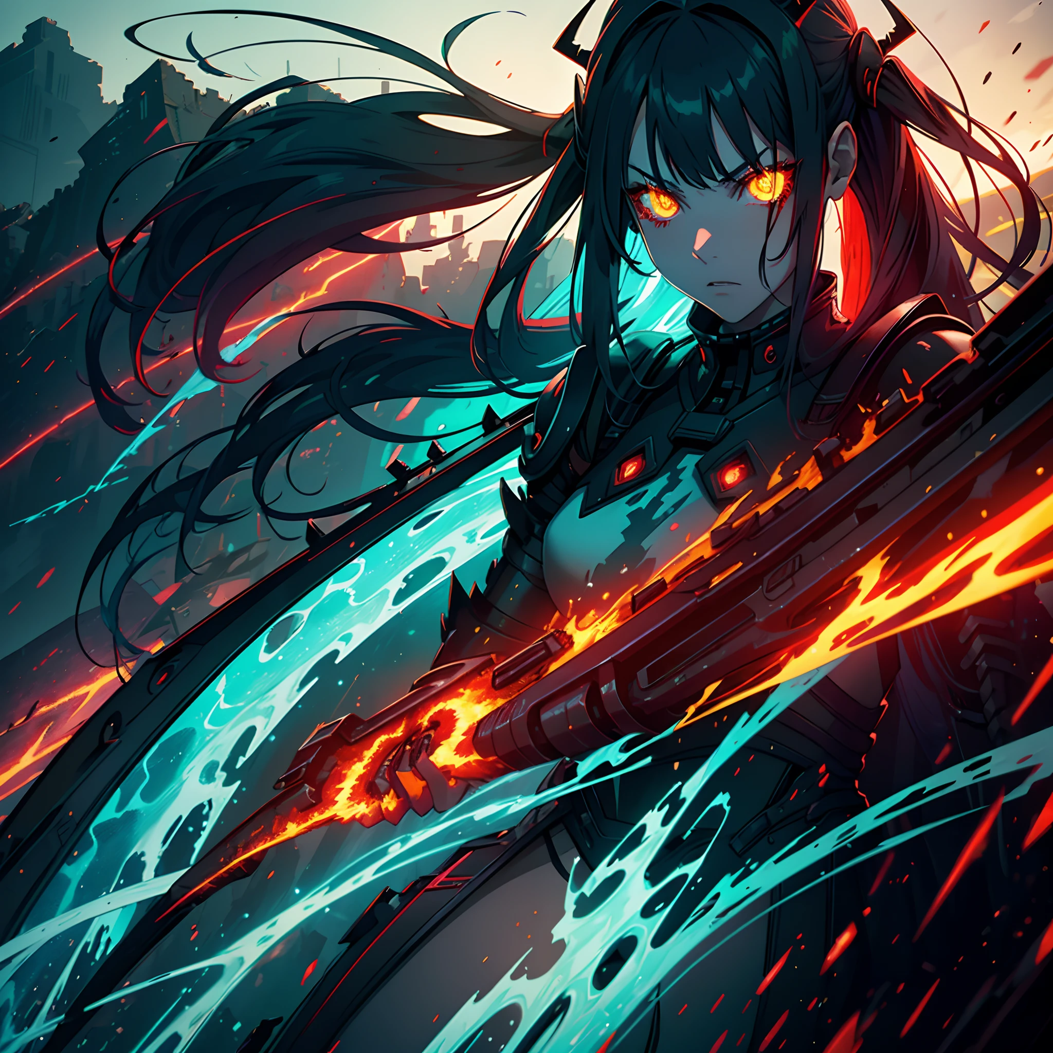 1 girl, solo, ray tracing, apocalyptic landscape, really zoomed out, red and green lightnings, exuding a demonic aura, very long blue hair, red fringes, bangs, wearing demonic white and black light armour, yellow eyes, angered expression, wearing claws