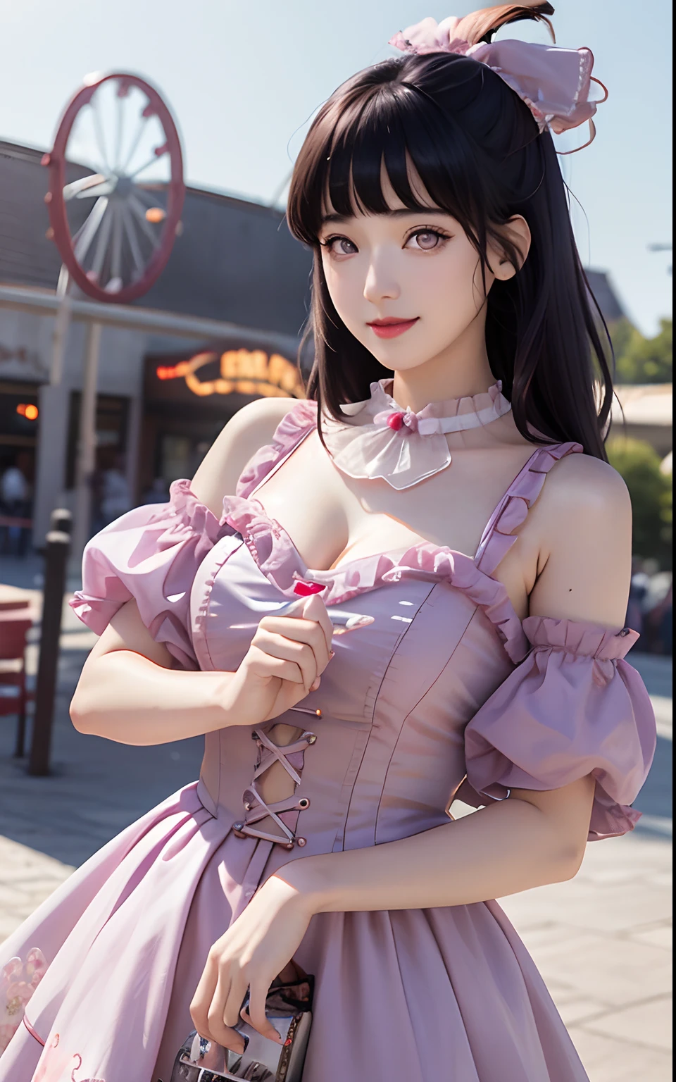 MarinLora, blush, big smile, short hair, black hair, hair ornament, purple eyes, purple hair, flower, pantyhose, hairband, frills, hair flower, (lean forward:1.5), (very wide open chest: 1.3), nude