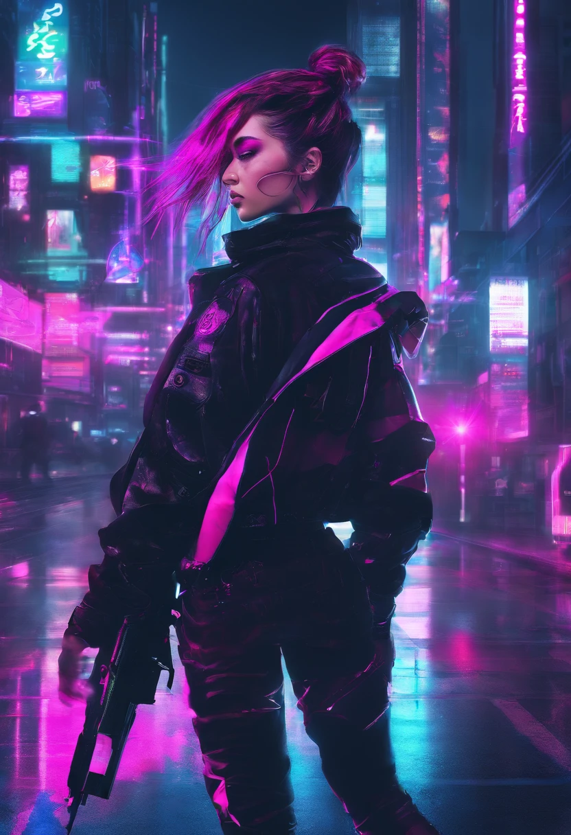 Linda mulher com cabelo roxo curto, franja, presilha de cabelo, fones de ouvido, white sleeveless shirt with a black jacket and military pants, cinto preto, do it at the waist, peitos grandes, dynamic posts, irritada, chuva, noite, Tall buildings, lua,