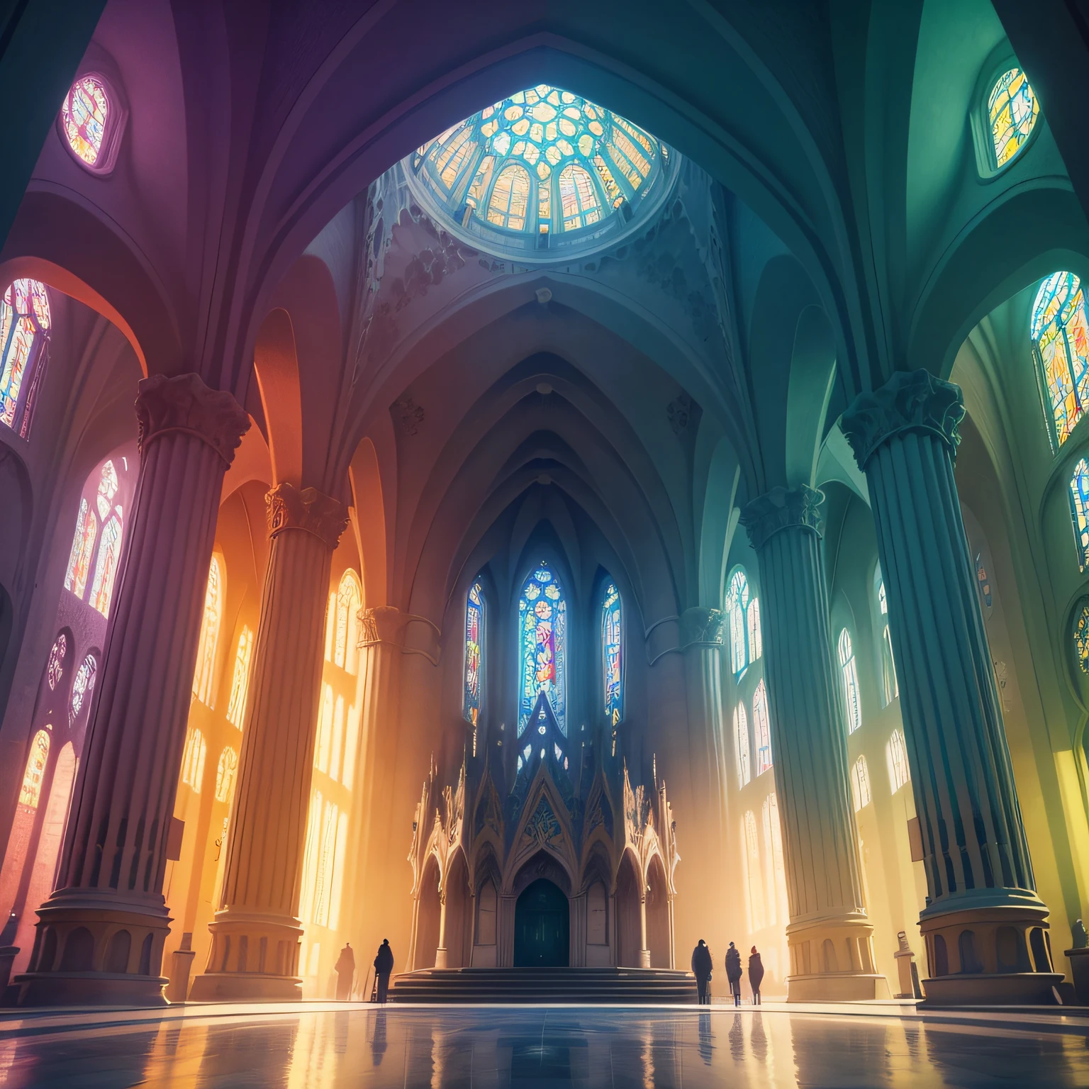 Imagine Barcelona's majestic Sagrada Família, not as the muted stone structure known to many, but as a masterpiece canvas bathed in a vivid spectrum of colors. Each of its intricate façades tells a tale in vibrant hues: the Nativity façade is alive with the soft pastels of dawn—corals, rose pinks, and golden yellows, evoking the tenderness of birth and hope. The Passion façade, in stark contrast, is drenched in fiery reds and deep purples, resonating with themes of sacrifice and redemption. The Glory façade sparkles with the effervescent colors of a midday fiesta—teals, lime greens, and brilliant blues. As your gaze travels upward, the tapering spires seem like gigantic paintbrushes, their bristles dripping with shades of the ocean—turquoise, azure, and deep marine. Within this architectural marvel, the forest of columns gleams with jeweled tones of jade, amethyst, and amber, while the stained glass windows transform sunlight into a mesmerizing dance of kaleidoscopic patterns. In the backdrop, the surroundings of the basilica burst forth like a tropical paradise, with trees and flowers in hues so bright and lively, they'd put a rainbow to shame. This is Gaudí's dream, reborn in color, a testament to the fusion of historical reverence and avant-garde imagination.