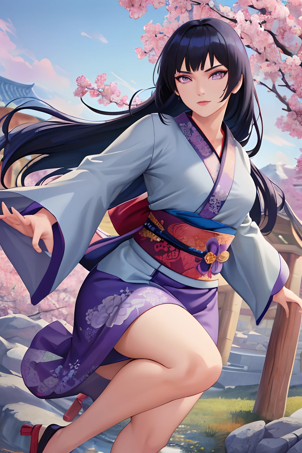 (masterpiece:1.2), (best quality), (ultra detailed), (8k, 4k, intricate),(full-body-shot:1), (highly detailed:1.2),(detailed face:1.2), (detailed background),detailed landscape, (dynamic pose:1.2),mulan, 1girl, solo, long hair, looking at viewer, dark blue hair, Blunt Bangs, purple eyes, upper body, japanese clothes, kimono, sash, obi