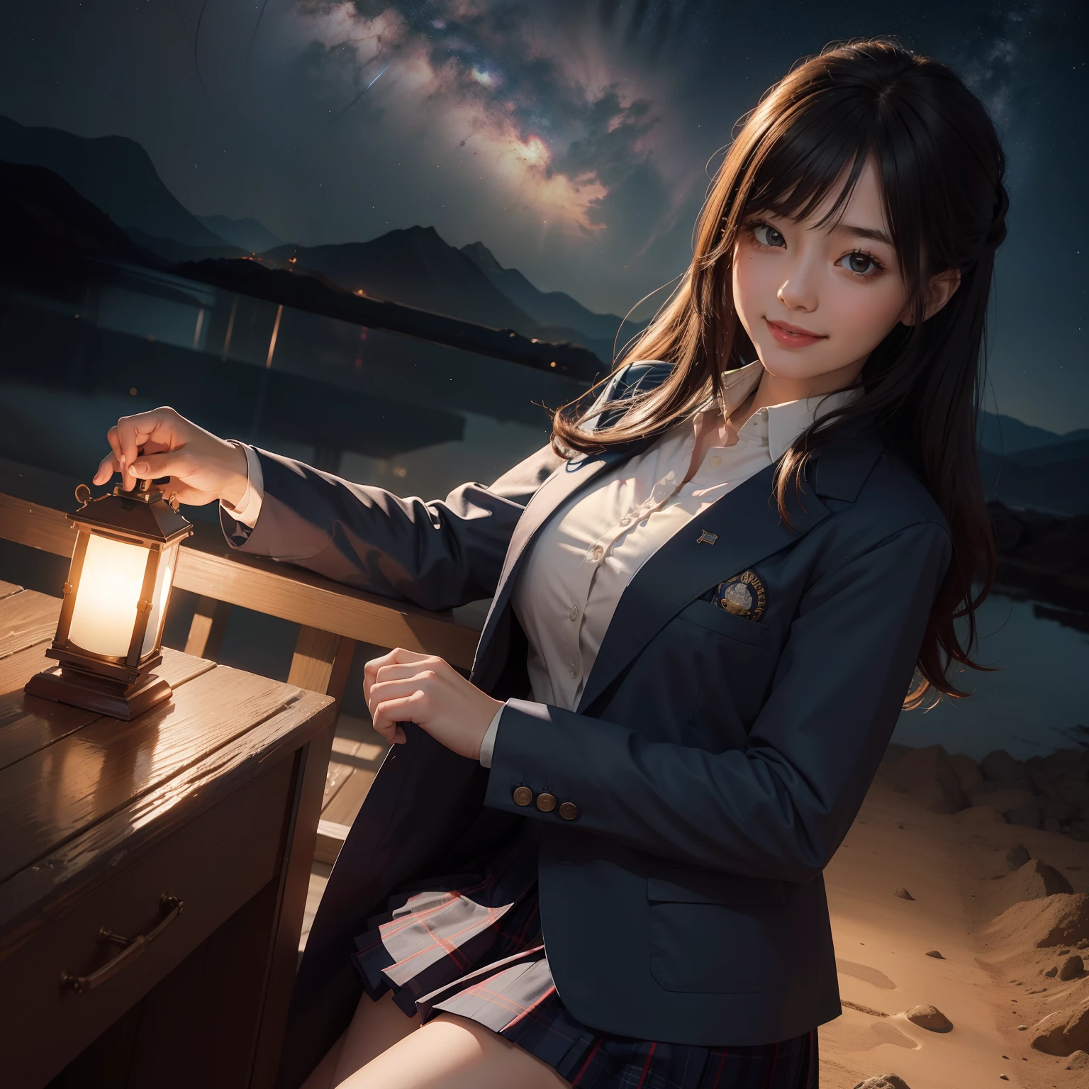 masutepiece, Super Detail, High quality, awardwinning, 8K, (girl), Solo, Smiling, japanese hight school uniform, (All formal jackets are dark navy blue), White shirt, Short skirt is plaid, Theme color is dark navy, close-up shot, on the surface of Mars, (Reddish rocky desert), Wide Red Desert, At night, Starry sky, Milky way, Detailed fingers, scientific fiction