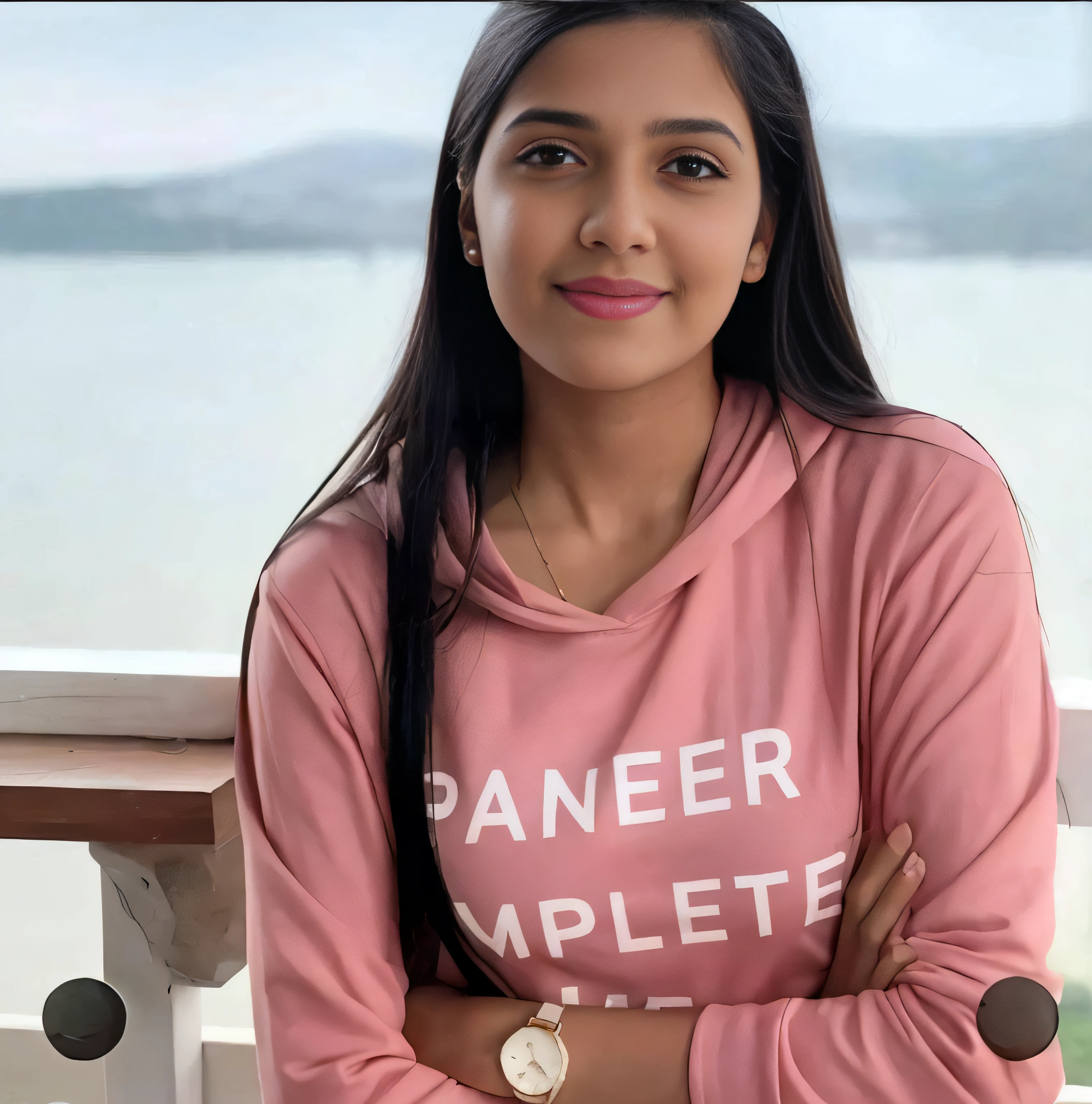 there is a woman that is standing on a balcony with a pink shirt, candid picture, candid photograph, candid photo, candid, profile pic, indian, photo of young woman, portait photo profile picture, leaked image, photo of a woman, actress, wearing a pastel pink hoodie, daughter, black haired girl wearing hoodie, without makeup, face, girl wearing hoodie, armpit photo of indian girl, weaing blouse, green clothes