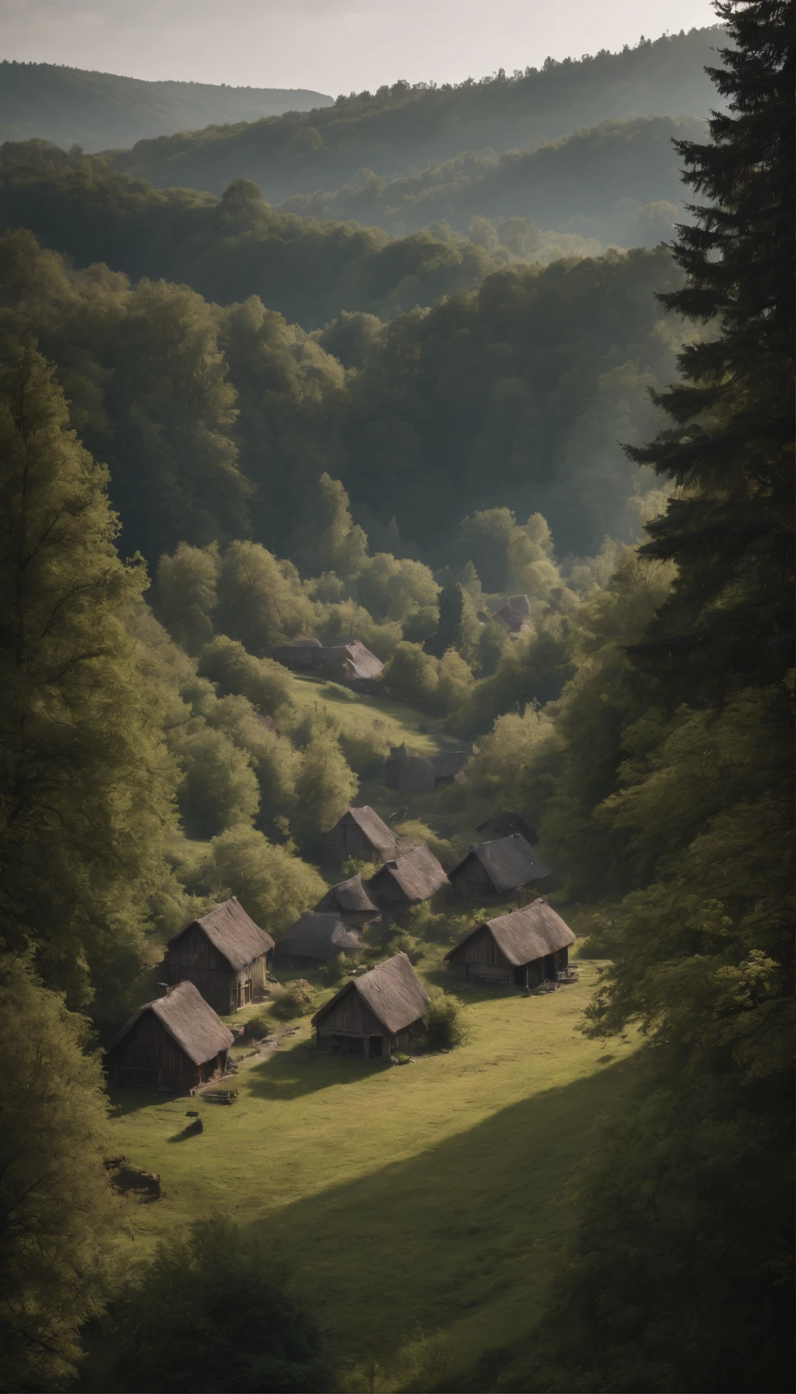 Generate an image that captures the essence of a peaceful village enveloped by foreboding, shadowy woods, evoking a sense of mystery