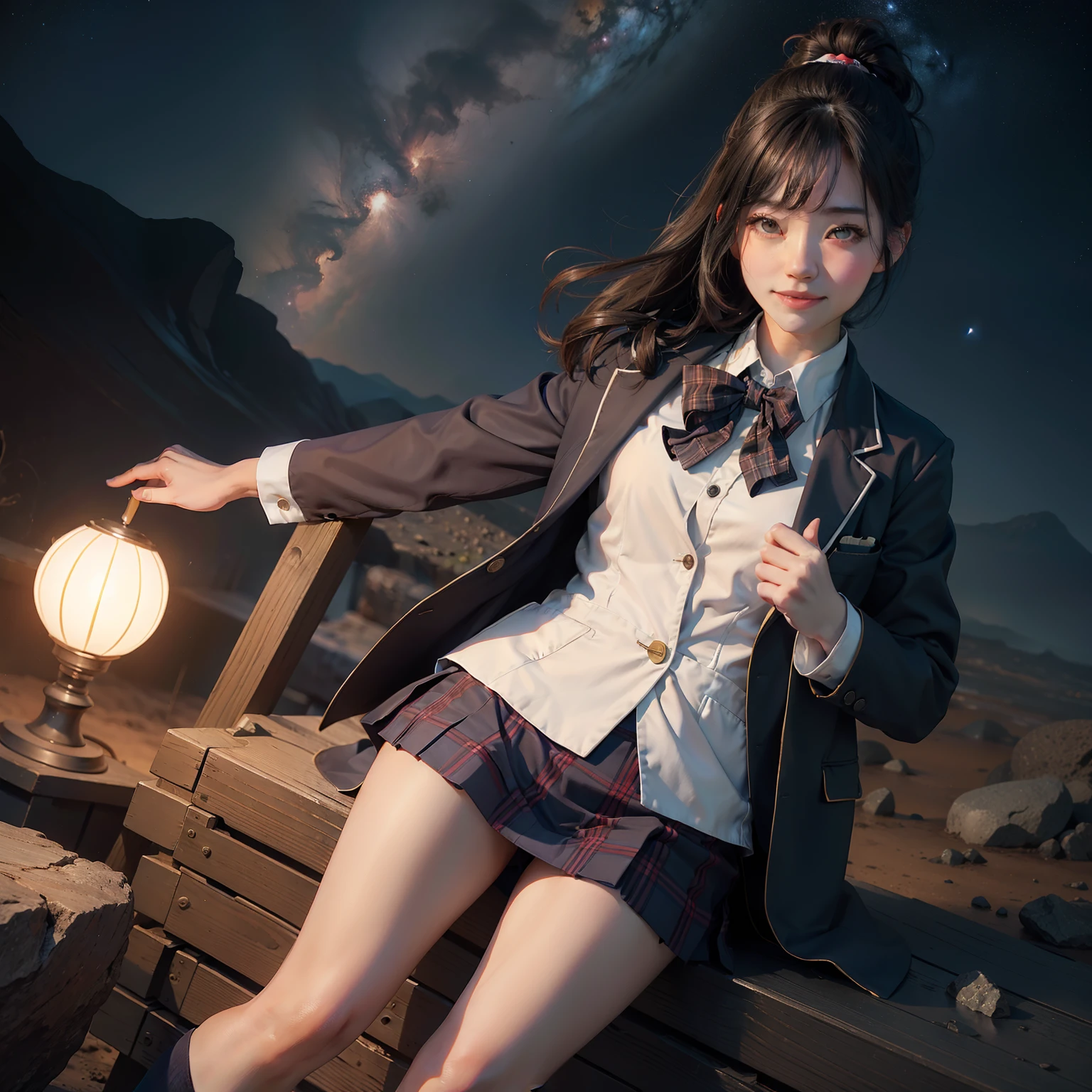 masutepiece, Super Detail, High quality, awardwinning, 8K, (girl), Solo, Smiling, japanese hight school uniform, (All formal jackets are dark navy blue), White shirt, Short skirts are plaid, Theme color is dark navy, up close shot, On the surface of Mars, (Reddish rocky desert), Wide Red Desert, At night, Starry sky, Milky way, Detailed fingers, scientific fiction