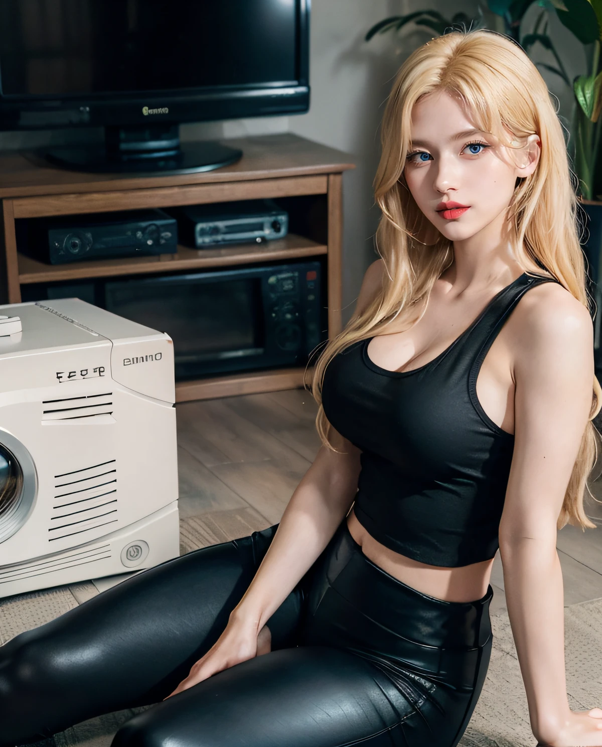1girl, (Blue eyes), happy face, (Sana Minatozaki), wide hips, Big Boobs, big ass, (Best Quality, 8k, Masterpiece: 1.3), Clear Focus: 1.2, Perfect Body Beauty: 1.4, Slender Abs: 1.2, Highly detailed face and skin texture, detailed eyes, double eyelids, red lips, red lips, (blonde long hair), (black cleavage tanktop), (black short leggings :1.3), (sitting on the floor), (in a living room), (TV on the floor ), (looking at tv)