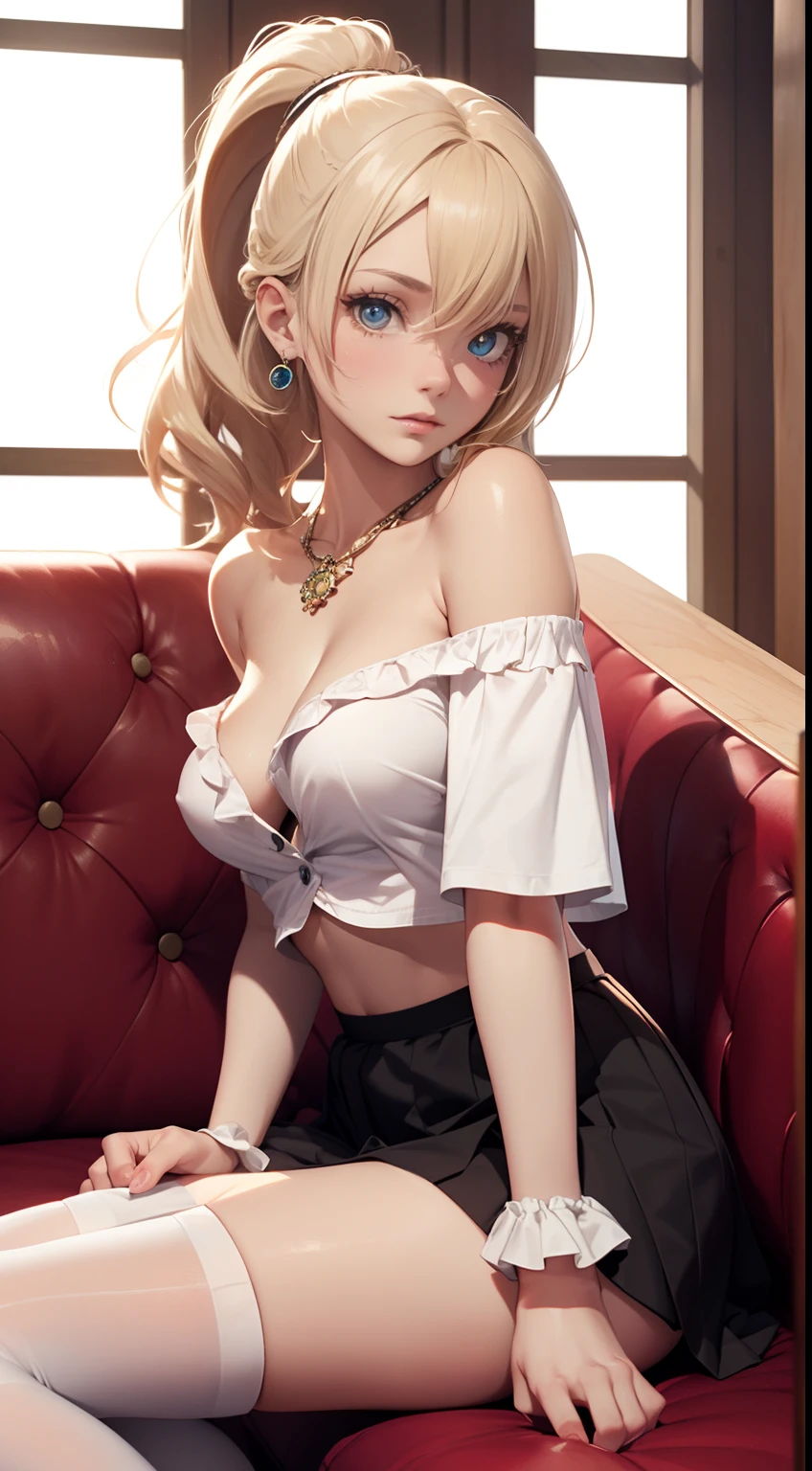 American photo, (Frontal shot), nsfw, 16K, HDR, RTX, 3D, realistic, 1 young woman, 5'3'' height, gray eyes, blonde, ponytail, sitting with body and legs facing the camera, indoors, (white thigh-high socks), ((sitting on a couch, looking directly at viewer)), alone, ((wearing circle skirt and oversized off-the-shoulder shirt)), pink panties, sexy queen, small breasts, tight pert hip, 3D hair, white bikini, realistic, jewelry, jade, ruby, diamonds, bright and detailed eyes, smooth skin, cool, tense, feminine body