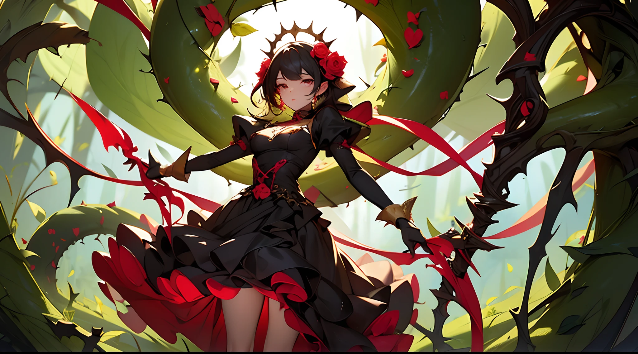 masterpiece, high definition, high quality, roses and thorns encircle character, full body 1girl with mature body and leaf costume get strangled and shredded by thorn and tentacle, yandere looks, attacking pose