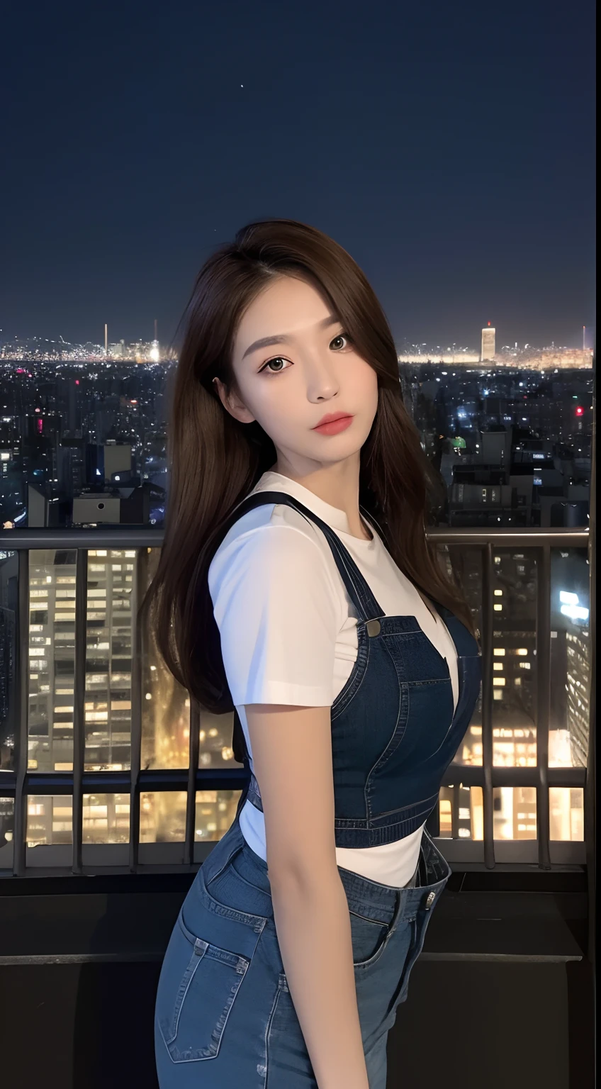 ((Midnight, Best quality, 8k, Masterpiece :1.3)), Whole body, Long legs, Sharp focus :1.2, A pretty woman with perfect figure :1.4, Slender abs :1.1, ((Dark brown hair, Big breasts :1.2)), (White tight tshirt, Jean bib, Standing:1.2), ((Night city view, Rooftop:1.3)), Highly detailed face and skin texture, Detailed eyes, Double eyelid