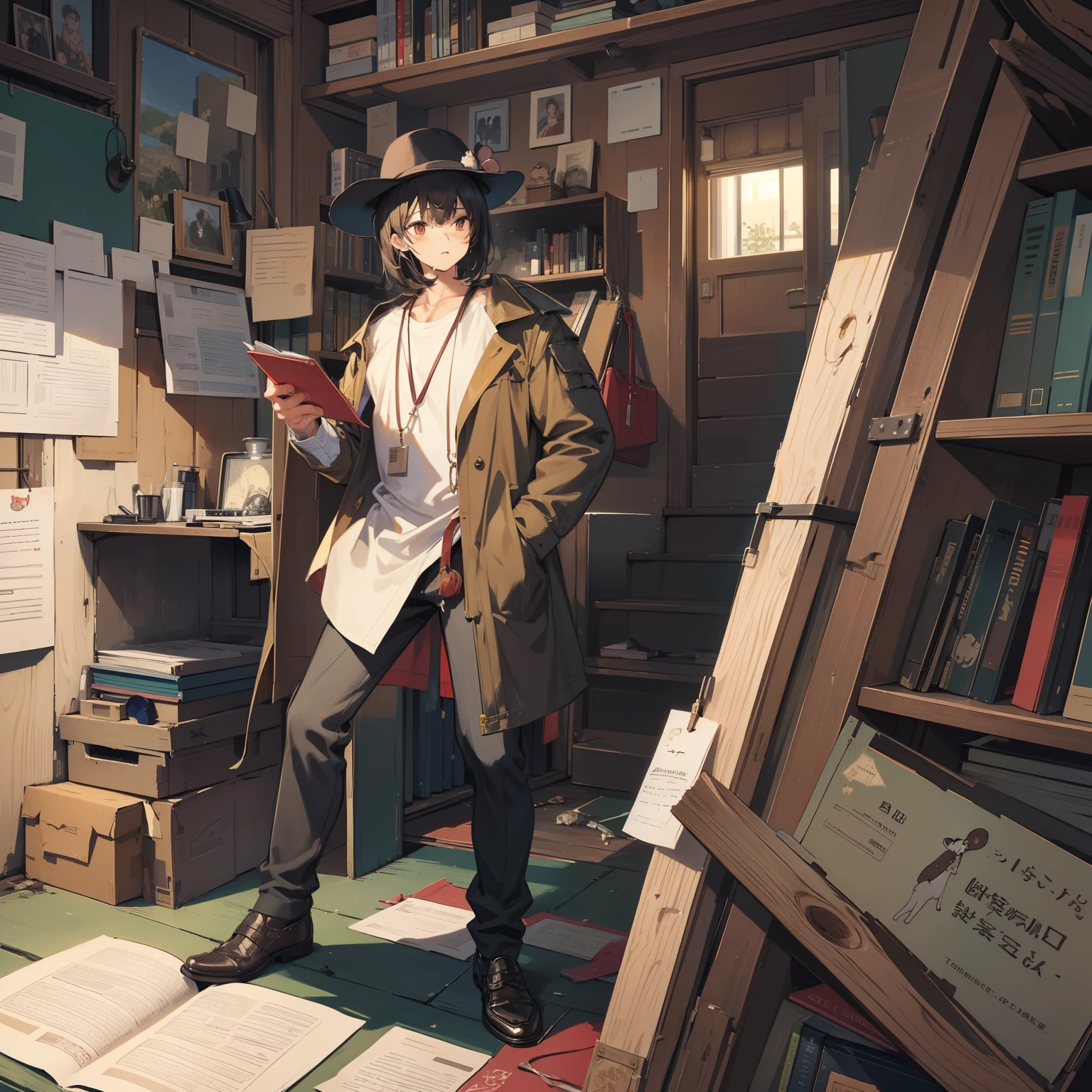 (mouthpiece, of the highest quality, Illustration, Very high quality, Very fine writing), Old-fashioned detective, Tattered clothes, Mouse on the shoulder, Mouse on the shoulder, Truth seeker, Full body, Lively, No background, One Person, Man's