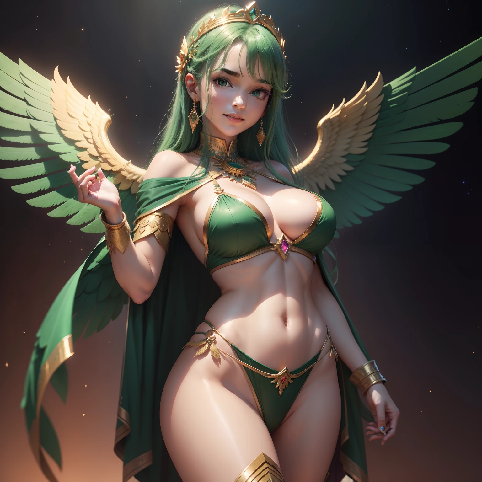 ultra realistic pictures. super fine art. super detail, micro expression detail. light smile. attractive, proportional pose, sexy girl, super beautiful, proportional face. charming girl in Greek ancient emerald green traditional javaness costume, archangel, green hair, giant wings angel, golden magenta, golden aura, magenta flame, universal logos, sparkling diamond dust. interstellar background, UHD, 8k