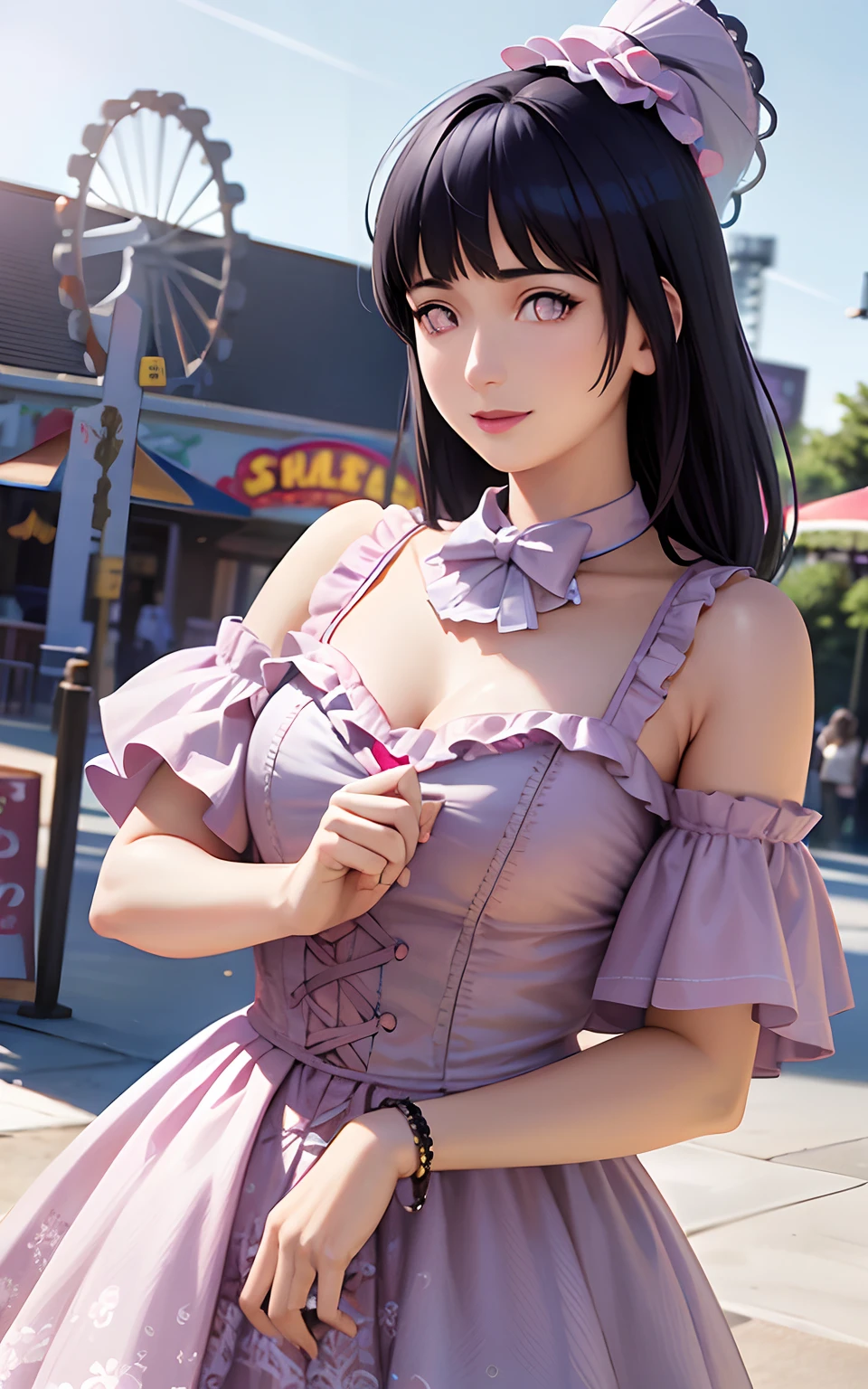 1girl, solo,mix4, (realistic:1.1), (photorealistic:1.1), (masterpiece:1.1), (best quality:1.1),  ultra detailed, looking at viewer, smile,sweet_lolita,standing , natural lighting, depth of field, (pureerosface_v1:0.8), amusement park in the background,(night), Blunt Bangs, purple eyes, dark blue hair