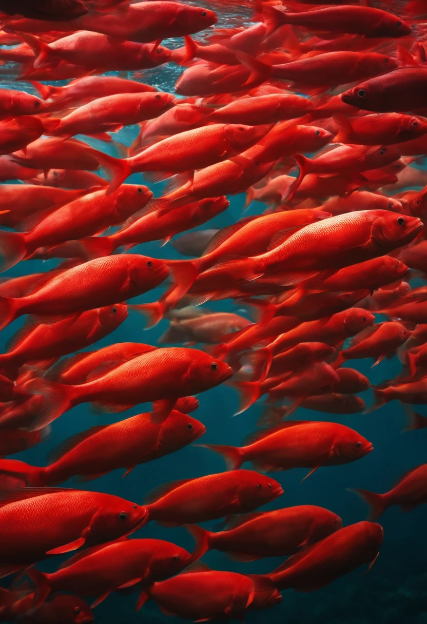 hundreds of big red fish swimming underwater