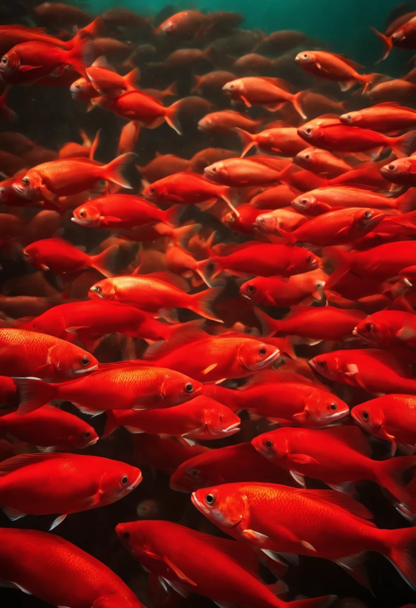 hundreds of big red fish swimming underwater