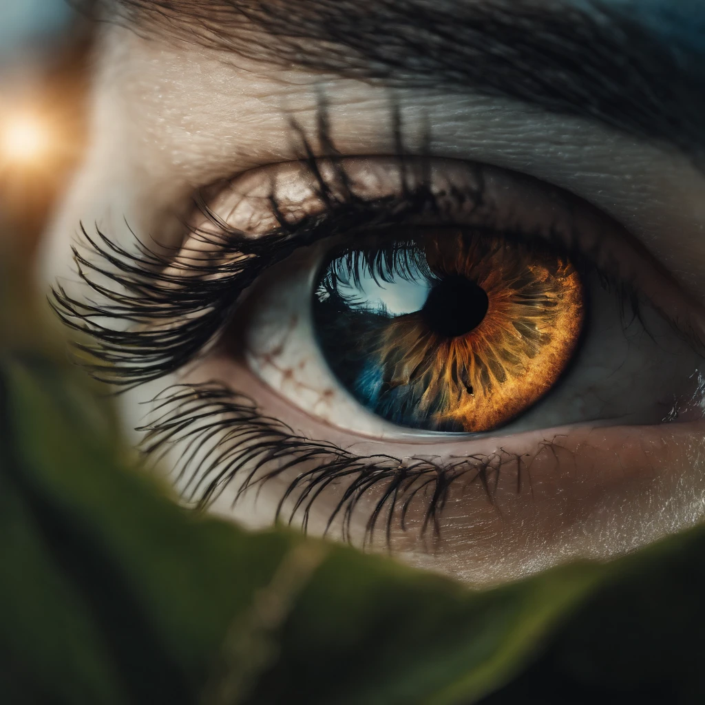 human eye, defined blue volcano erupting into the sky in the background and making it imposingcolor its irises