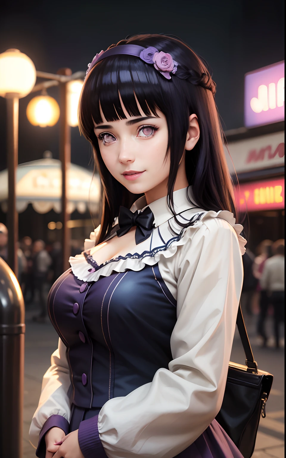 1girl, solo,mix4, (realistic:1.1), (photorealistic:1.1), (masterpiece:1.1), (best quality:1.1),  ultra detailed, looking at viewer, smile,sweet_lolita,standing , natural lighting, depth of field, (pureerosface_v1:0.8), amusement park in the background,(night), Blunt Bangs, purple eyes, dark blue hair