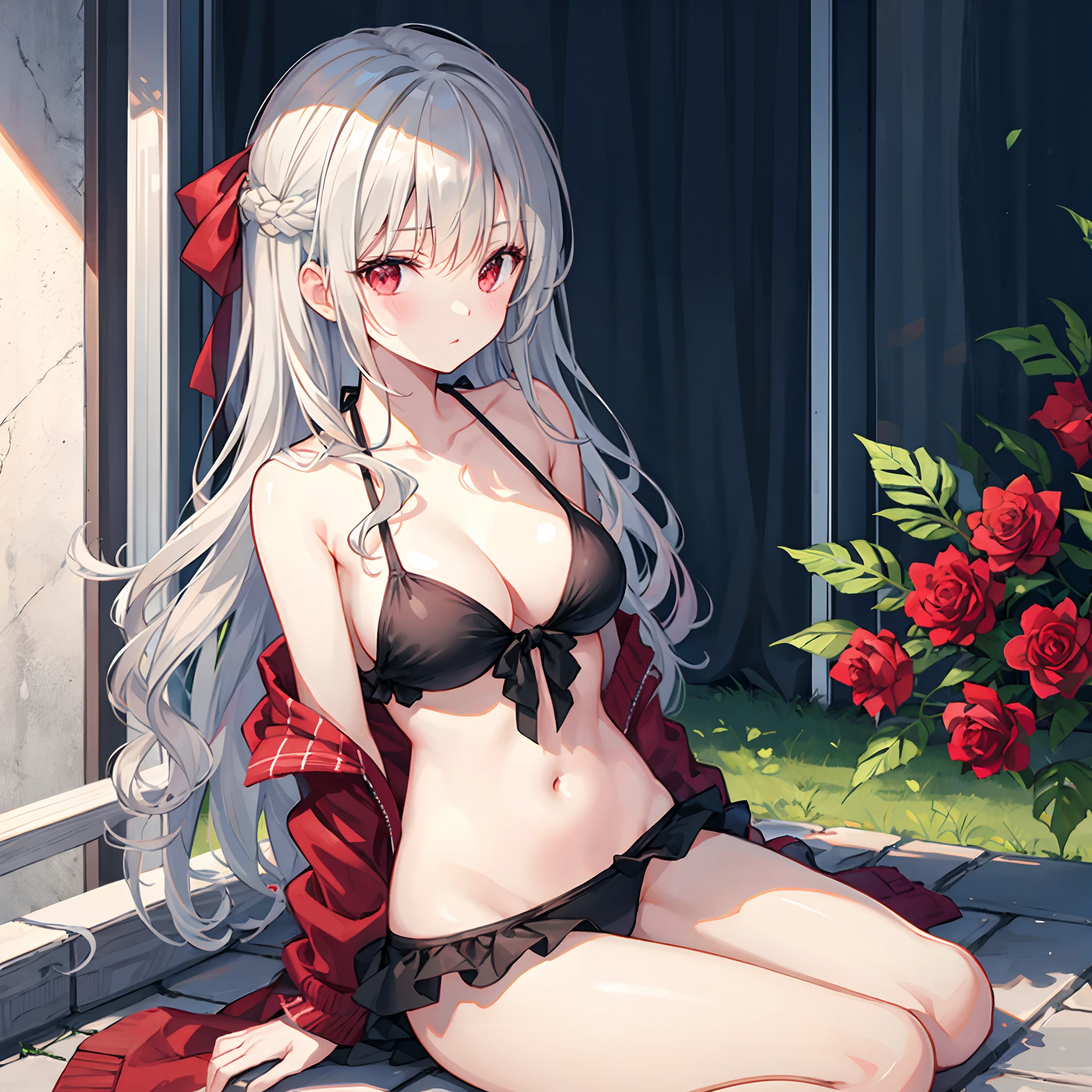 Wavy Gray Hair、red eyes、Beautiful girl alone、The bikini、gravure、sitting on、Rose Garden