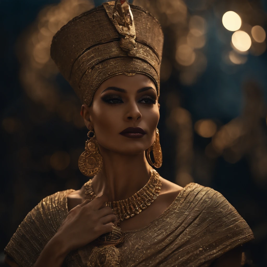 A majestic Nefertiti, her headdress and jewelry glimmering in the moonlight, overlooking a vast kingdom.