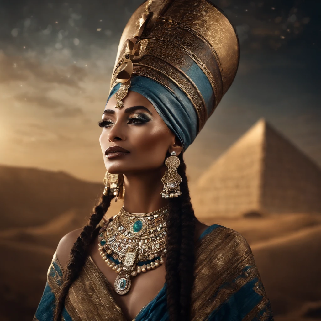 A majestic Nefertiti, her headdress and jewelry glimmering in the moonlight, overlooking a vast kingdom.