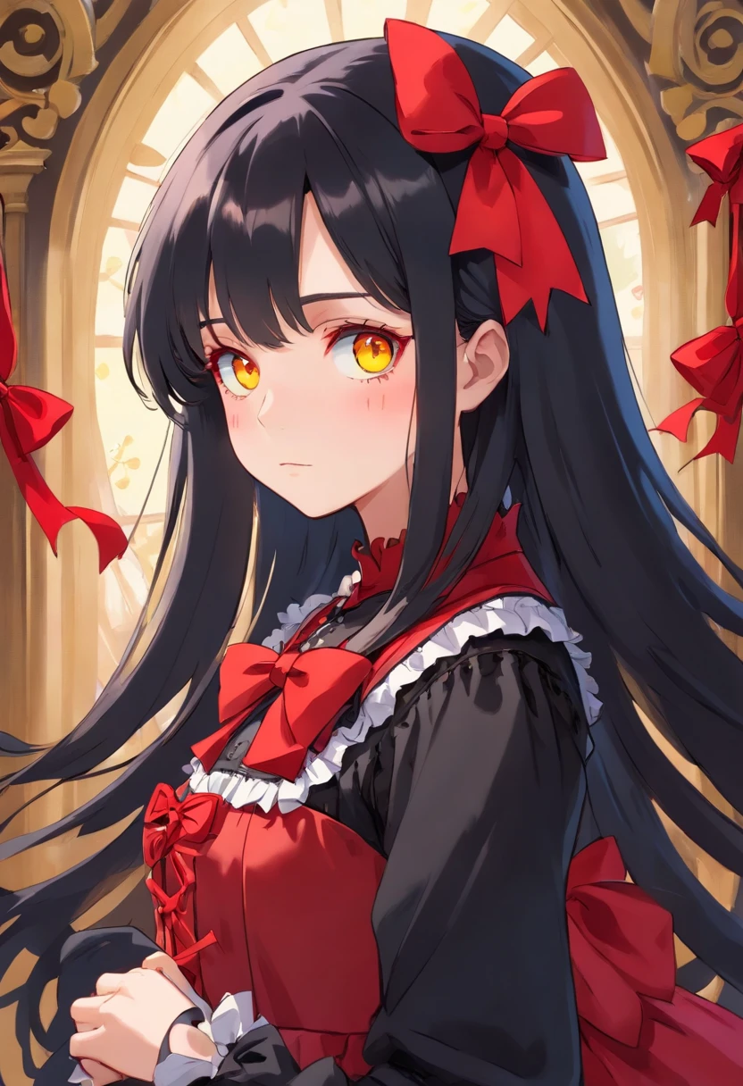 a girl with long black hair, red right eye, yellow left eye, wearing a red and black gothic ta fashion dress with red ribbons
