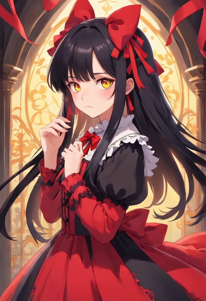 a girl with long black hair, red right eye, yellow left eye, wearing a red and black gothic ta fashion dress with red ribbons