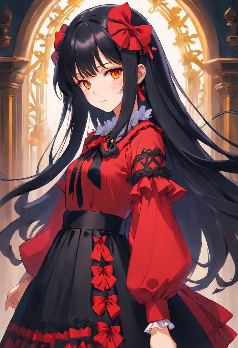 a girl with long black hair, red right eye, yellow left eye, wearing a red and black gothic ta fashion dress with red ribbons