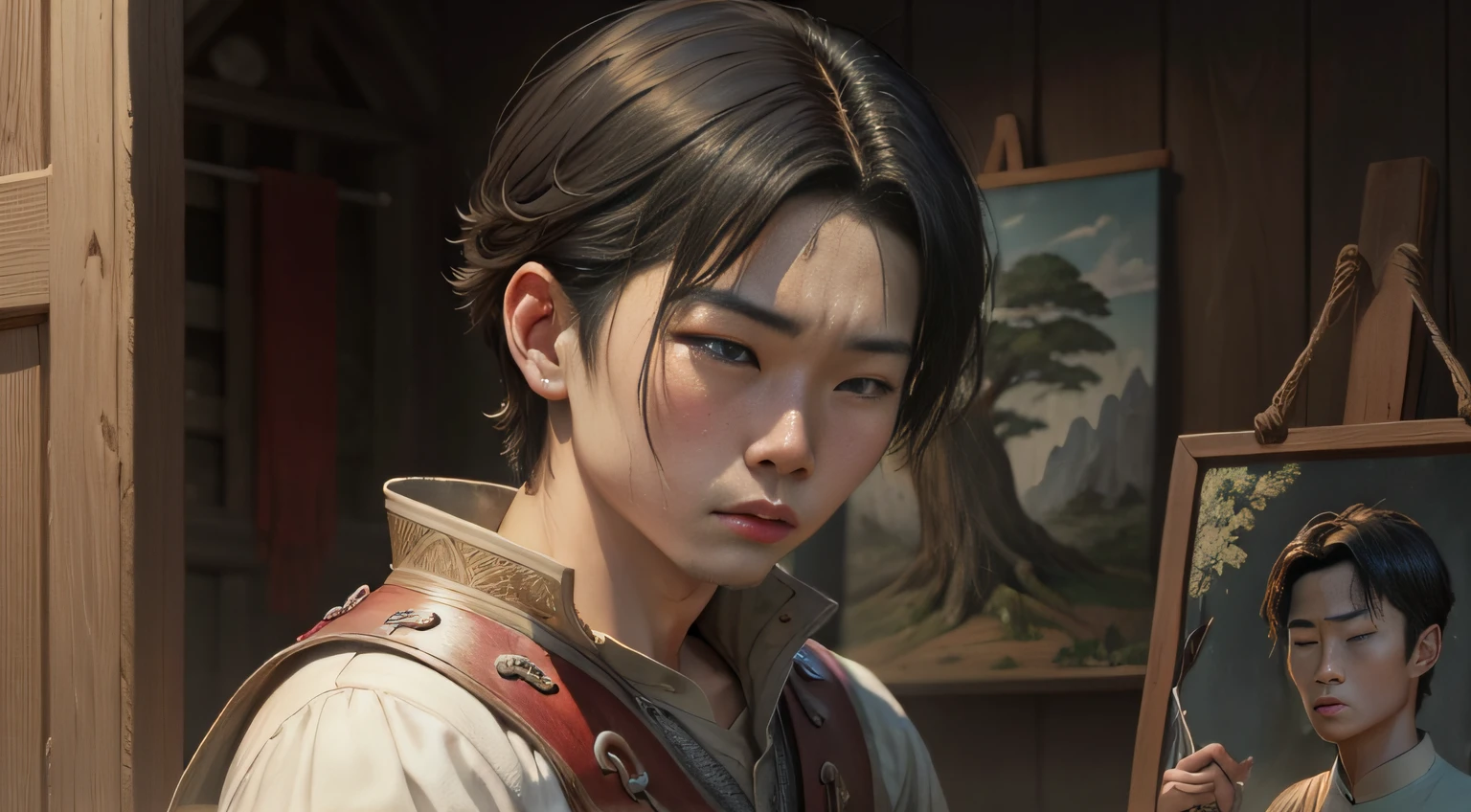 Chinese sad boy crying, From medieval times, diante de uma tela em branco, iniciando uma pintura retratando a natureza a sua volta