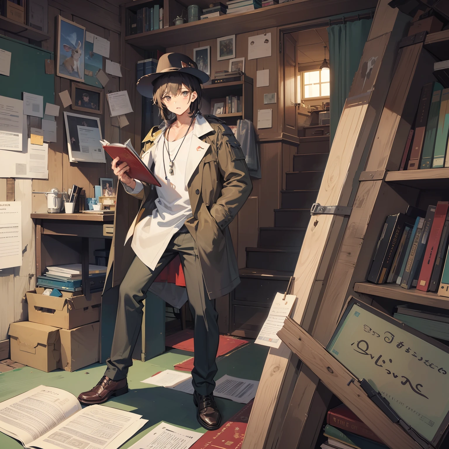 (mouthpiece, of the highest quality, Illustration, Very high quality, Very fine writing), Old-fashioned detective, Tattered clothes, Mouse on the shoulder, Mouse on the shoulder, Truth seeker, Full body, Lively, No background, One Person, Man's