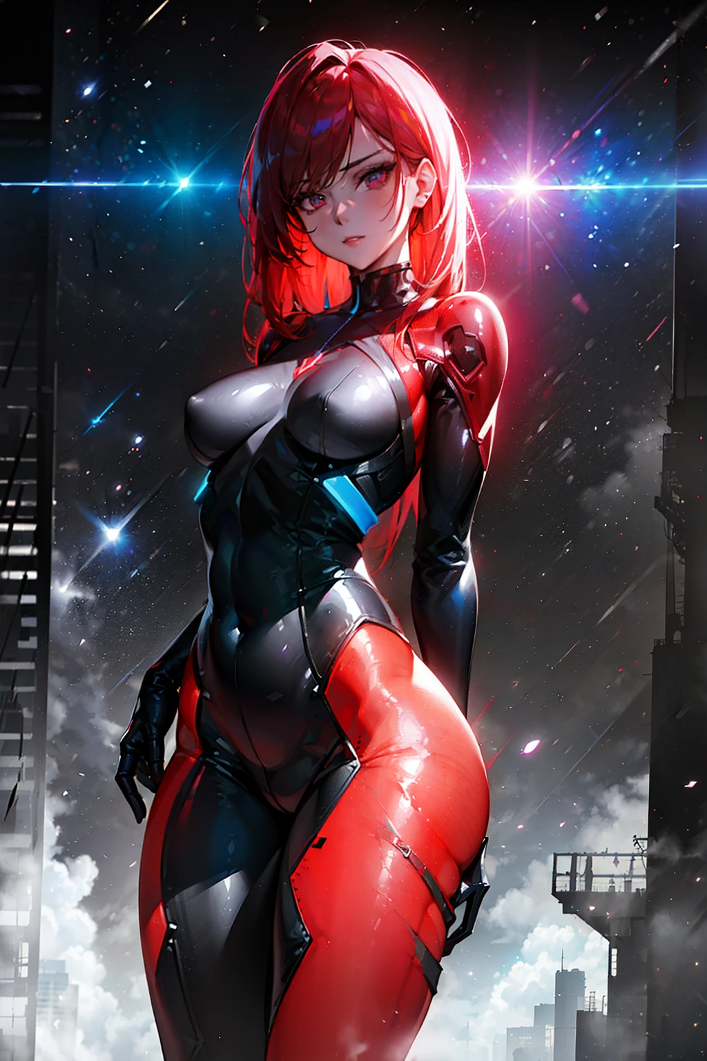 (((from face to the waist:1. 3)), (((beauty slim shape)))) best quality, hyperrealistic masterpiece, astonish anime beauty crimson tight cyberpunk mech plugsuit superheroine, portrait photorealist, perfect and realist skin, glowing sharp vivid colors eyes, HDR, 4k