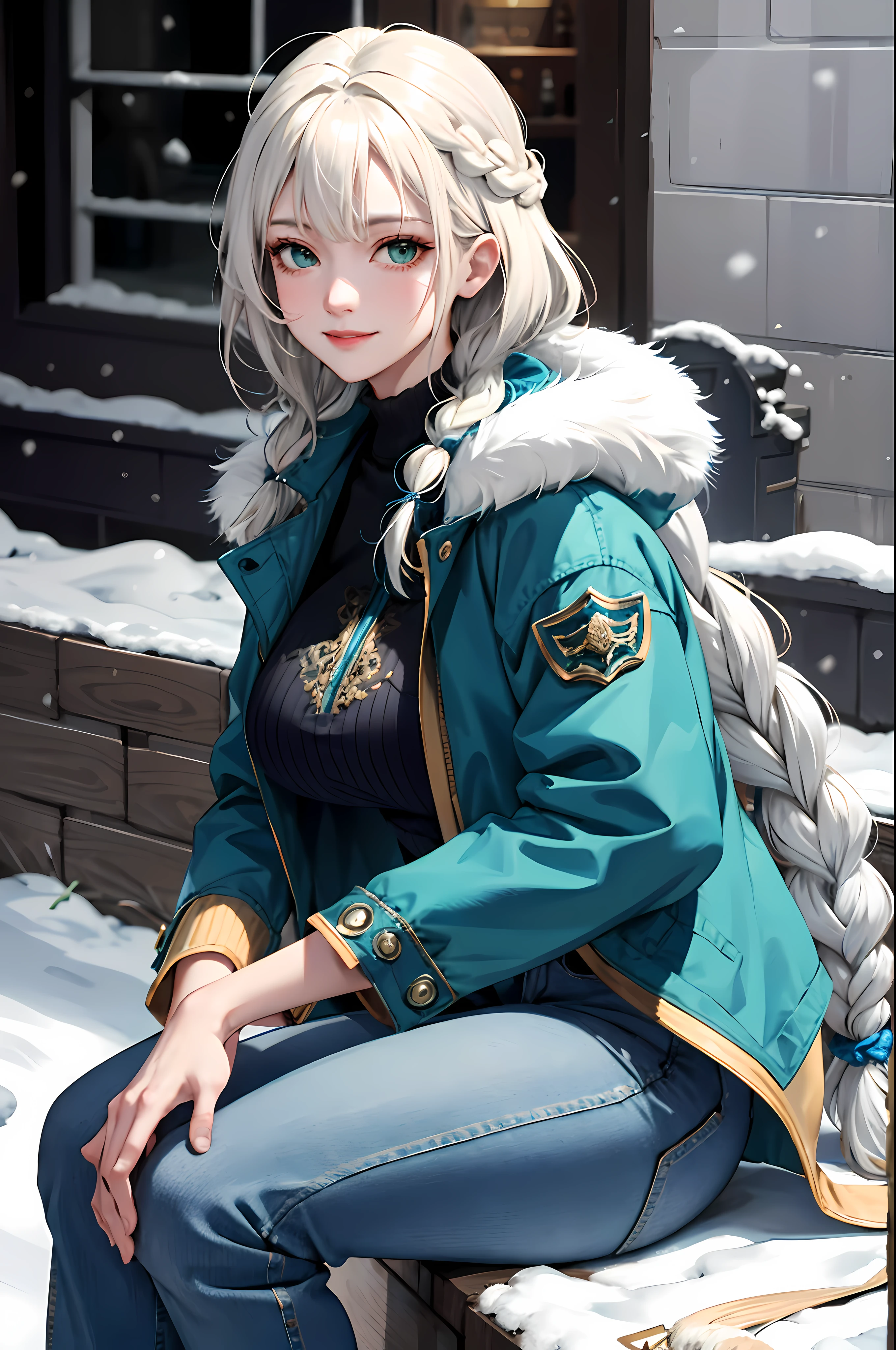 (masterpiece:1.2, best quality), (real picture, intricate details), 1lady, solo, upper body, sitting down, sitting on ground, casual, long hair, minimal makeup, natural fabrics, close-up face, smiling, happy expression, snow, snowing, cold settings, really long light platinum blonde hair, hair in braids, braided long hair, bangs, voluminous hair, green eyes, emerald green eyes, big breasts, big ass, big tits, blue jacket, jacker with fur , white fur, blue jacket with fur, blue jacket white fur, bangs on forehead, Korean bangs, cute bangs, mature face, 1adult, 1 female, 1 woman, thighs, black tight pants, black pants, tight pants, (big tits), (big breasts).
