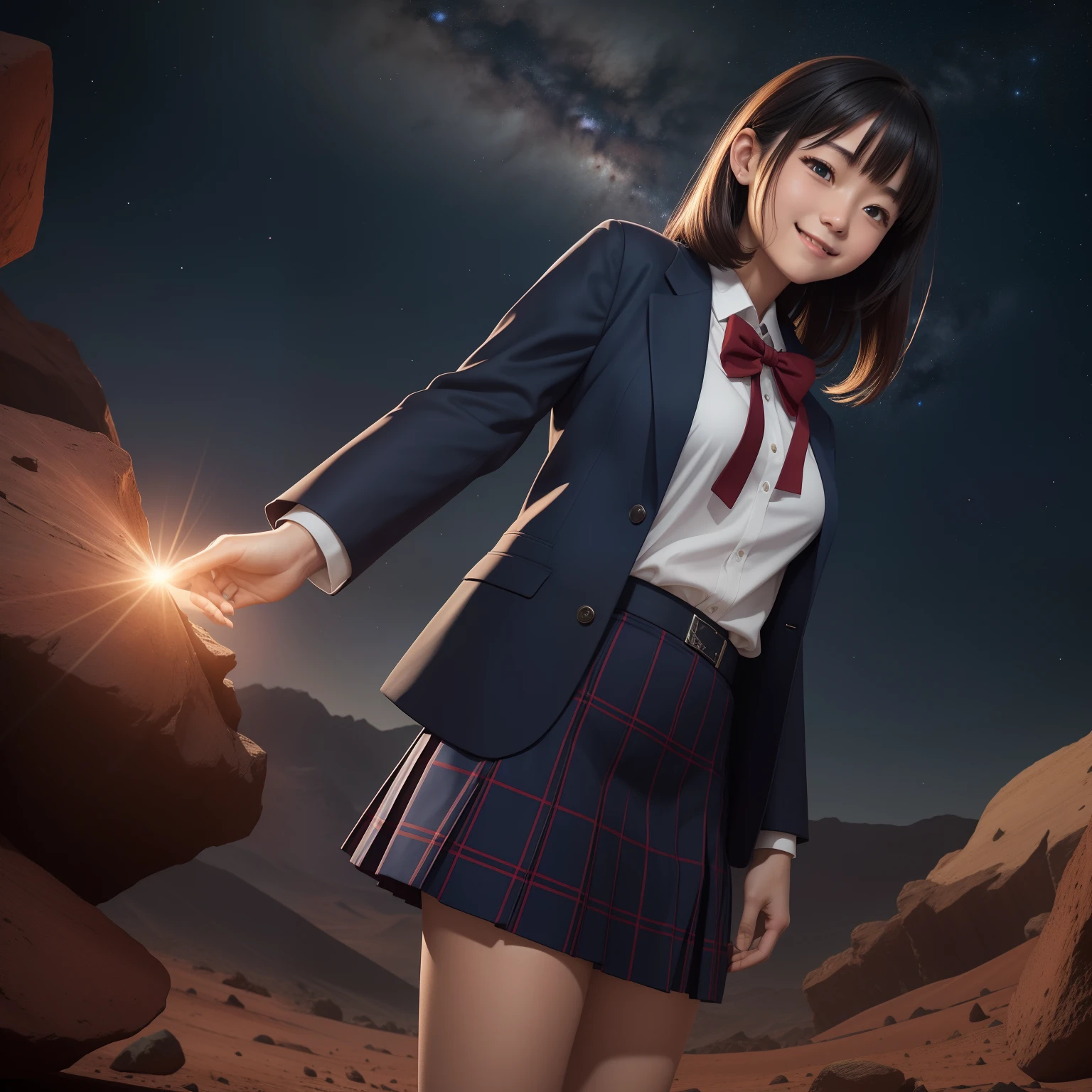 masutepiece, Super Detail, High quality, awardwinning, 8K, (girl), Solo, Smiling, japanese hight school uniform, (All formal jackets are dark navy blue), White shirt, Short skirts are plaid, Theme color is dark navy, up close shot, On the surface of Mars, (Reddish rocky desert), Wide Red Desert, At night, Starry sky, Milky way, Detailed fingers, scientific fiction