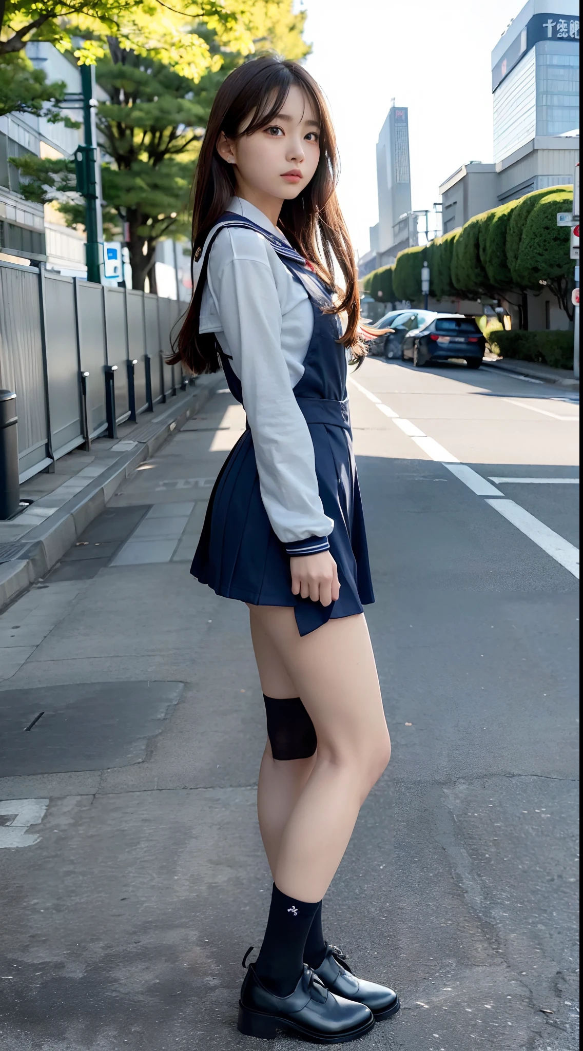 mix4, (16 K, Raw photography, Top image quality, masterpiece: 1.45), (realisitic, Photorealsitic: 1.37), one girls, 7.5, etc、Standing figure,Noon time slot、cute little, A city scape,, profetional lighting, photon maping, Cityscape with street trees, physically-based renderingt, Gradient dark brown hair,, a handsome, Well-groomed and beautiful eyes、Large double eyelids、Very shiny、girl with, (((student clothes、Long sleeve sailor suit worn by Japan schoolgirl、red cuffs、Dark blue mini skirt, Small gray beret、Dark blue knee-high socks、Black loafers))), Top Quality Photos, hight resolution, 1080p, (clearface), (Detailed face description), (Detailed hand description), (masterpiece), (Exquisite CG)、extreme light and shadows、dishevled hair、master work、abundant detail、(Fine facial features)、(top quality photo)、(masuter piece)、(A detailed eye)、Look in front of you、Fine clavicle、((Slender big))、(((Japan schoolgirl in long-sleeved sailor suit)))、((Ready Idol System))、((Boulevard with street trees、Tokyo Station Building、streetlights))、(Shooting from random perspectives)、(((Anyway cute)))、耳Nipple Ring、A big smile、Drawing the whole body from the knees、Do not draw nasolabial folds、(((Long-sleeved sailor suit)))、(Big breasts that hang down big:0.9)、Big buttocks with tension、Two arms and two legs、(((from the front side:0.5)))、bare hand、No mask