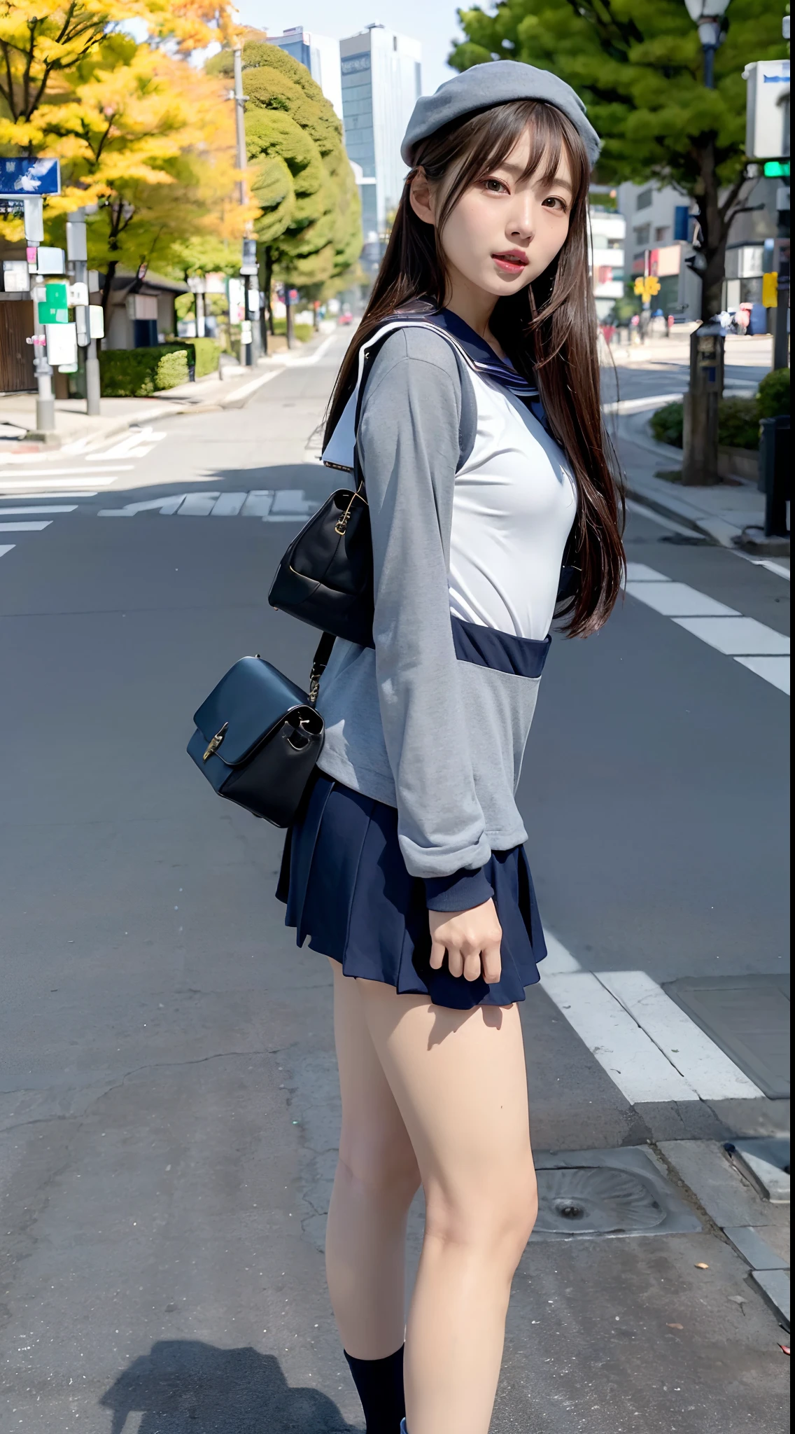 mix4, (16 K, Raw photography, Top image quality, masterpiece: 1.45), (realisitic, Photorealsitic: 1.37), one girls, 7.5, etc、Standing figure,Noon time slot、cute little, A city scape,, profetional lighting, photon maping, Cityscape with street trees, physically-based renderingt, Gradient dark brown hair,, a handsome, Well-groomed and beautiful eyes、Large double eyelids、Very shiny、girl with, (((student clothes、Long sleeve sailor suit worn by Japan girl、red cuffs、Dark blue mini skirt, Small gray beret、Dark blue knee-high socks、Black loafers))), Top Quality Photos, hight resolution, 1080p, (clearface), (Detailed face description), (Detailed hand description), (masterpiece), (Exquisite CG)、extreme light and shadows、dishevled hair、master work、abundant detail、(Fine facial features)、(top quality photo)、(masuter piece)、(A detailed eye)、Look in front of you、Fine clavicle、((Slender big))、(((Japan schooln long-sleeved sailor suit)))、((Ready Idol System))、((Boulevard with street trees、Tokyo Station Building、streetlights))、(Shooting from random perspectives)、(((Anyway cute)))、耳Nipple Ring、A big smile、Drawing the whole body from the knees、Do not draw nasolabial folds、(((Long-sleeved sailor suit)))、(Big breasts that hang down big:0.9)、Big buttocks with tension、Two arms and two legs、(((from the front side:0.5)))、bare hand、No mask